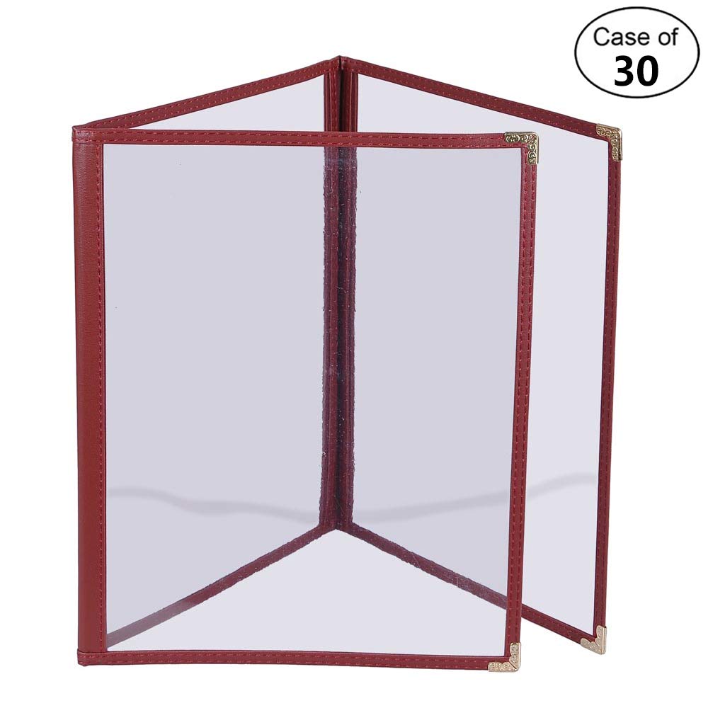 WeChef30 Pack Menu Cover Triple Fold 6 View Double Stitch Trim Fit 8.5X14 Paper Transparent Cafe Restaurant Burgundy