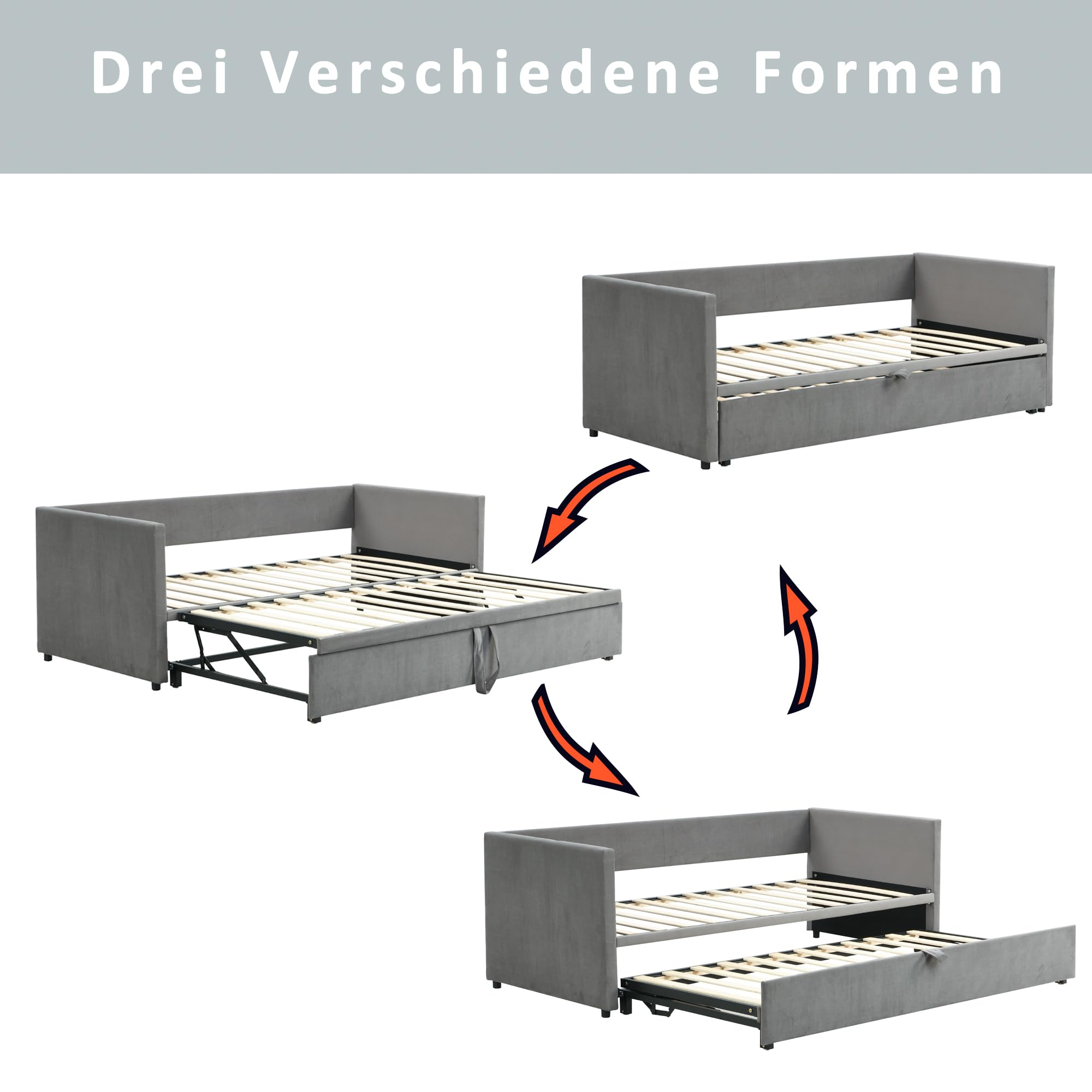 Divano Letto Estraibile 90/180 x 200 cm, Letto Imbottito con Rete a Doghe, Tessuto in Velluto Delicato Sulla Pelle, Grigio