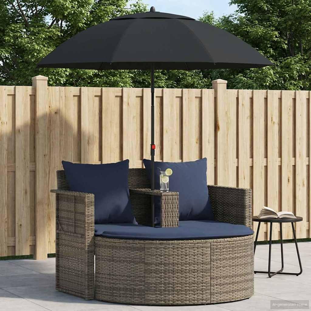 Divano da Giardino 8 Pz in Polyrattan Grigio e Blu | Salotto da esterno con parasole regolabile e cuscini imbottiti, ideale per arredare il patio o il bordo piscina.