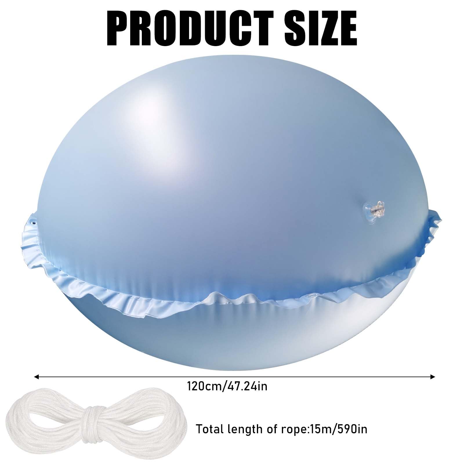 Vaileal Cojín de aire para piscina, XXL, 120 x 120 cm, cojín de piscina de invierno, azul cielo, redondo, cojín de aire para piscina con cuerda de 15 m, reutilizable, cojín de aire de invierno,