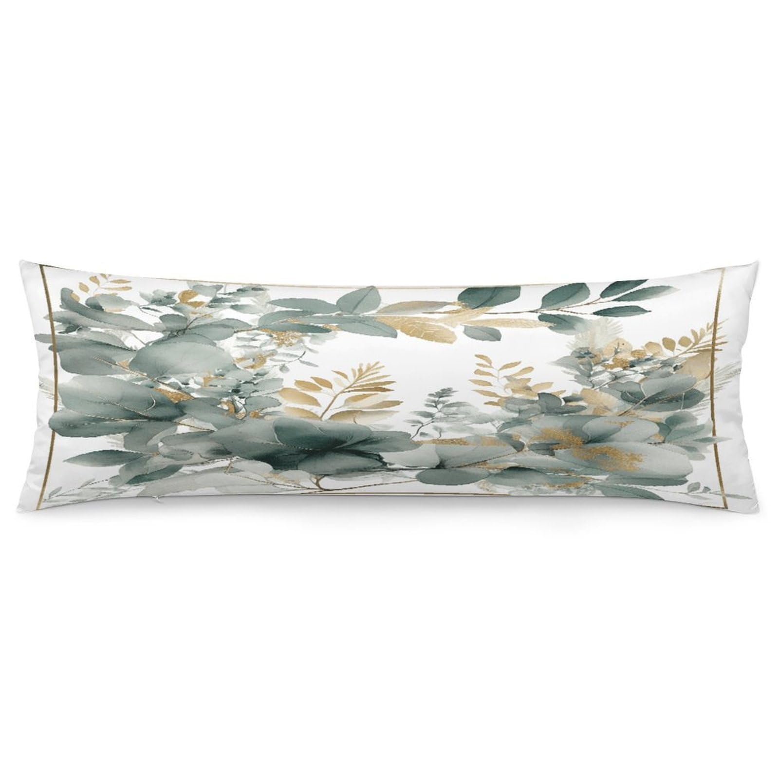 Body Pillow Pillowcase 19x53 Inch Gold and Green Leaves Print Body Pillow Cover with Hide Zipper Super Soft Cozy Long Pillow Case Rectangle Long Body Lumbar Cushion Case for Bedroom