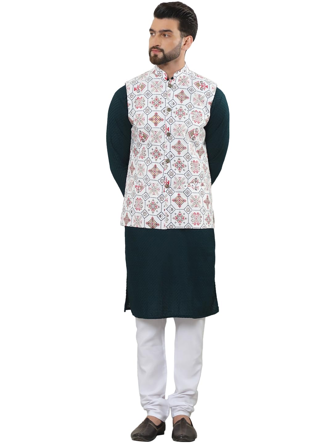 (Since 1958 Men's Pure Cotton Kurta and White Pyjama with Printed Nehru Jacket-image-29