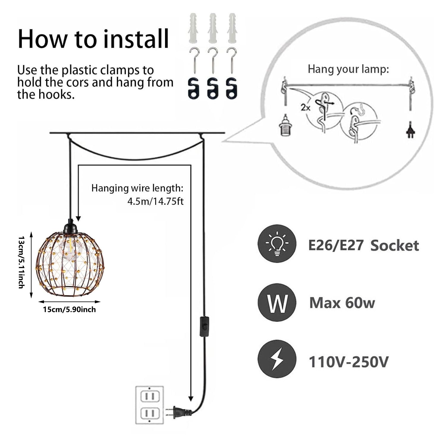 EcoGehen Rattan Hängelampe Mit Stecker - Boho Pendelleuchte 4,5m Kabel Für Garten & Balkon