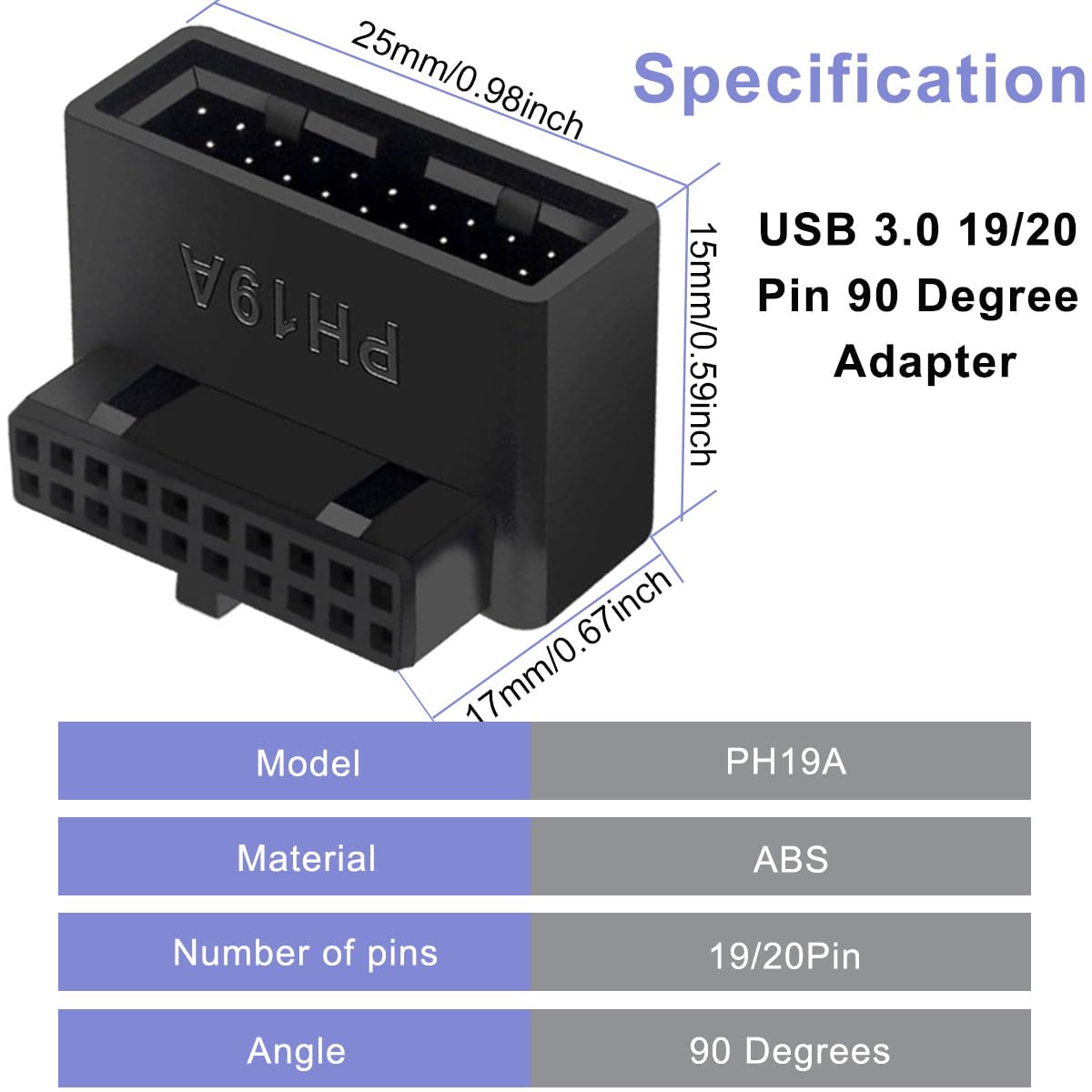 2 szt. Płyta główna USB 3.0 19/20 Pin 90 Degree Adapter, męski do żeńskiego typu L Turn Right Angle Socket Extension Adapter, do płyty głównej komputera stacjonarnego (Header Up Angle PH19A)