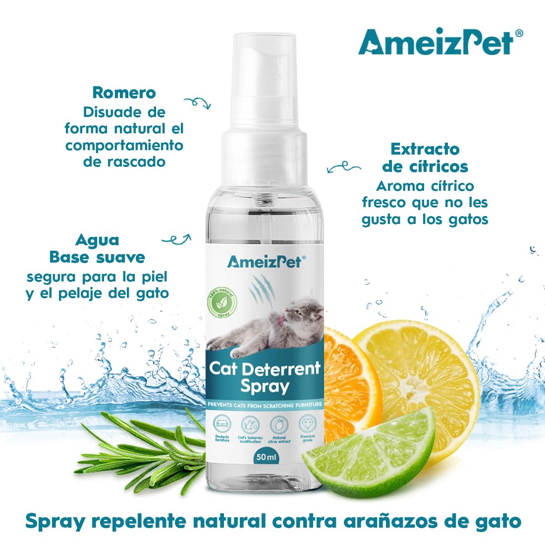 AmeizPet Spray Antiarañazos Gatos, Evita Que Los Gatos Arañen Muebles, Alfombras, Cortinas y Plantas, Ahuyentador de Gatos y Gatitos Exterior e Interior, 50 ml (1.69 Oz)