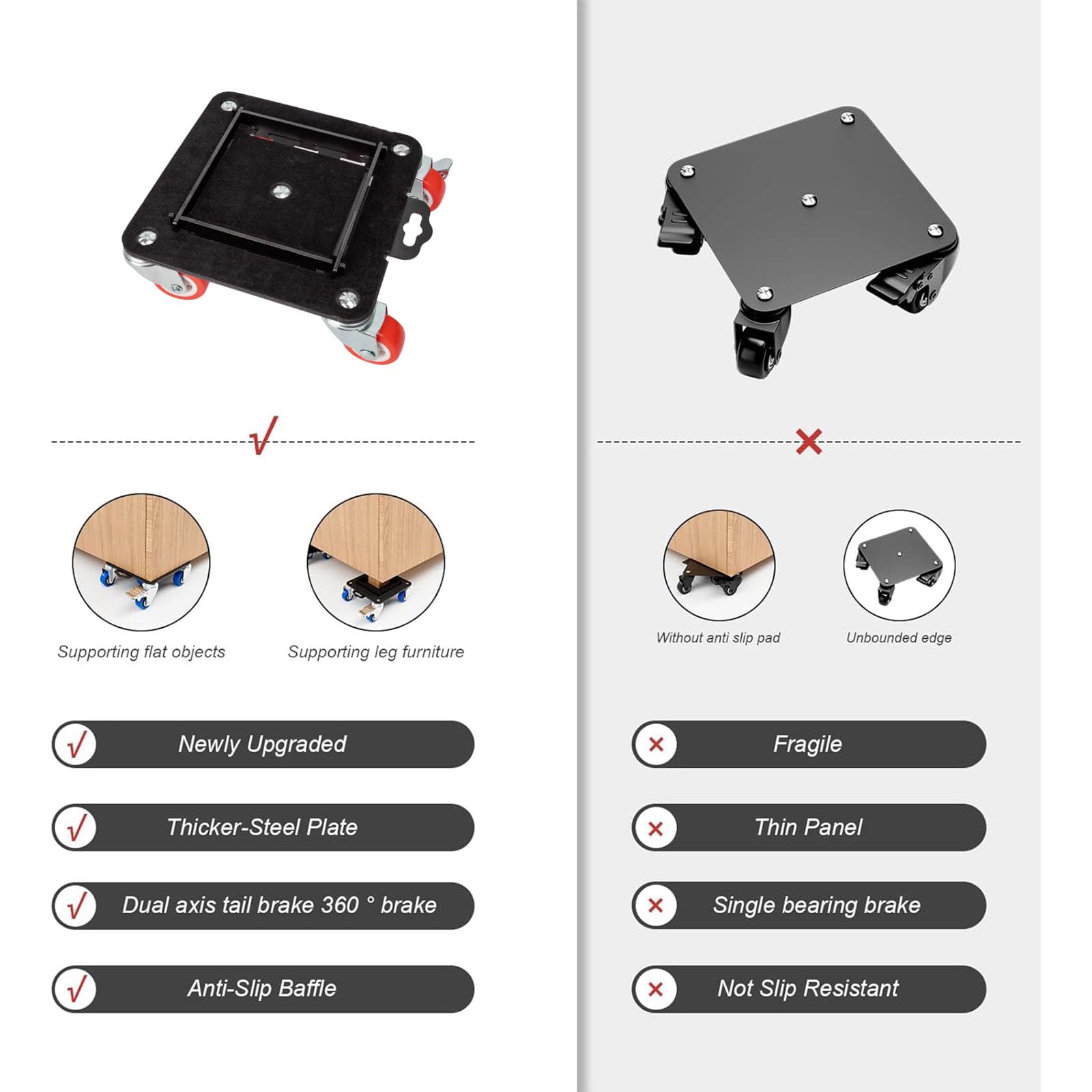 roulettes pour Meubles Lourds, Capacité de 1300 kg, Roulette Charge Lourde pour Déménagement de Meubles, 5 roulettes Pivotantes avec Kit Demenagement Latérale Amovible (Rouge)