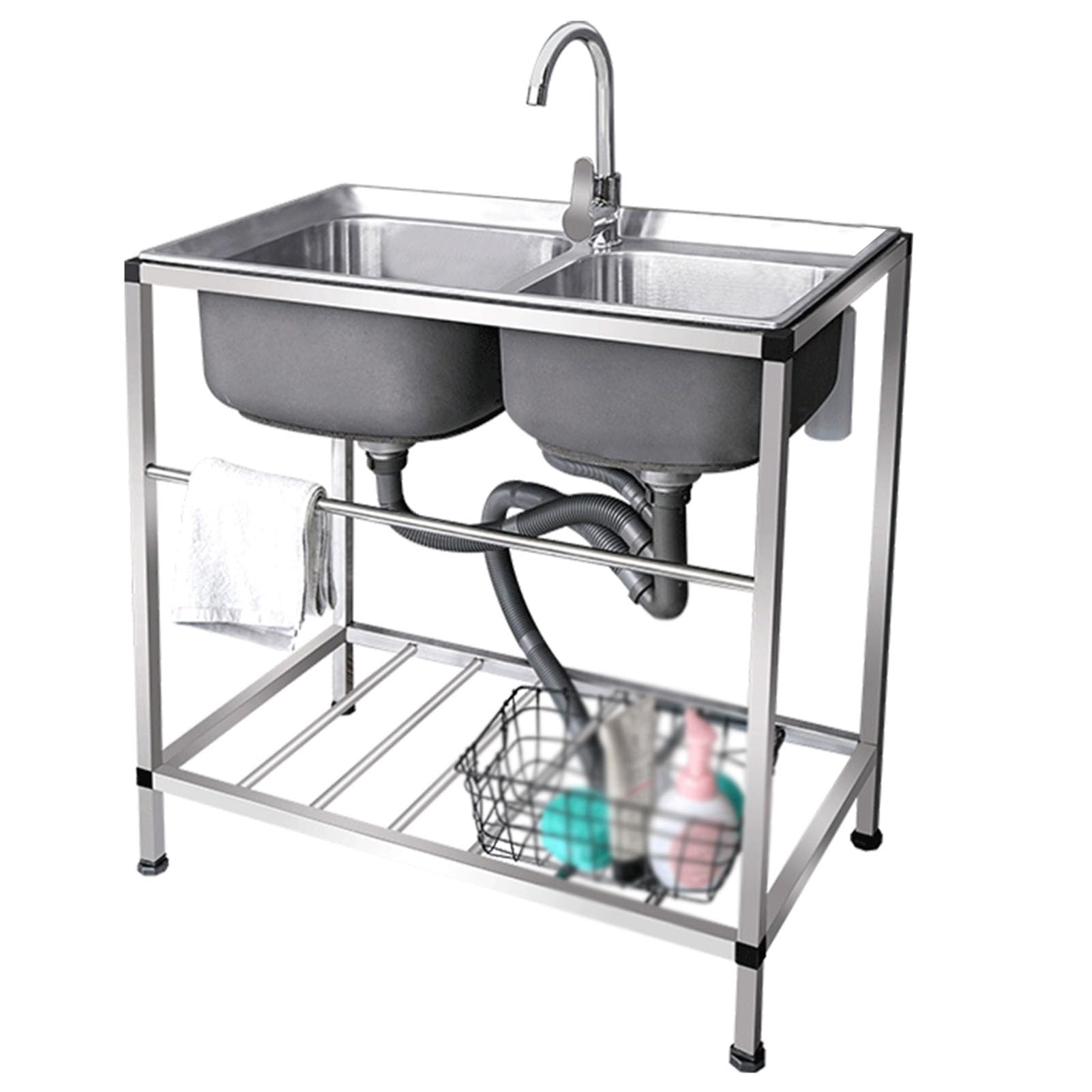 ZQFHSX Outdoor Sink, Kitchen Double Bowl Sinks, Free Standing Stainless-Steel Sink with Hot and Cold Faucet for Laundry, Backyard, Restaurant, Easy to Clean (78×43×75cm)