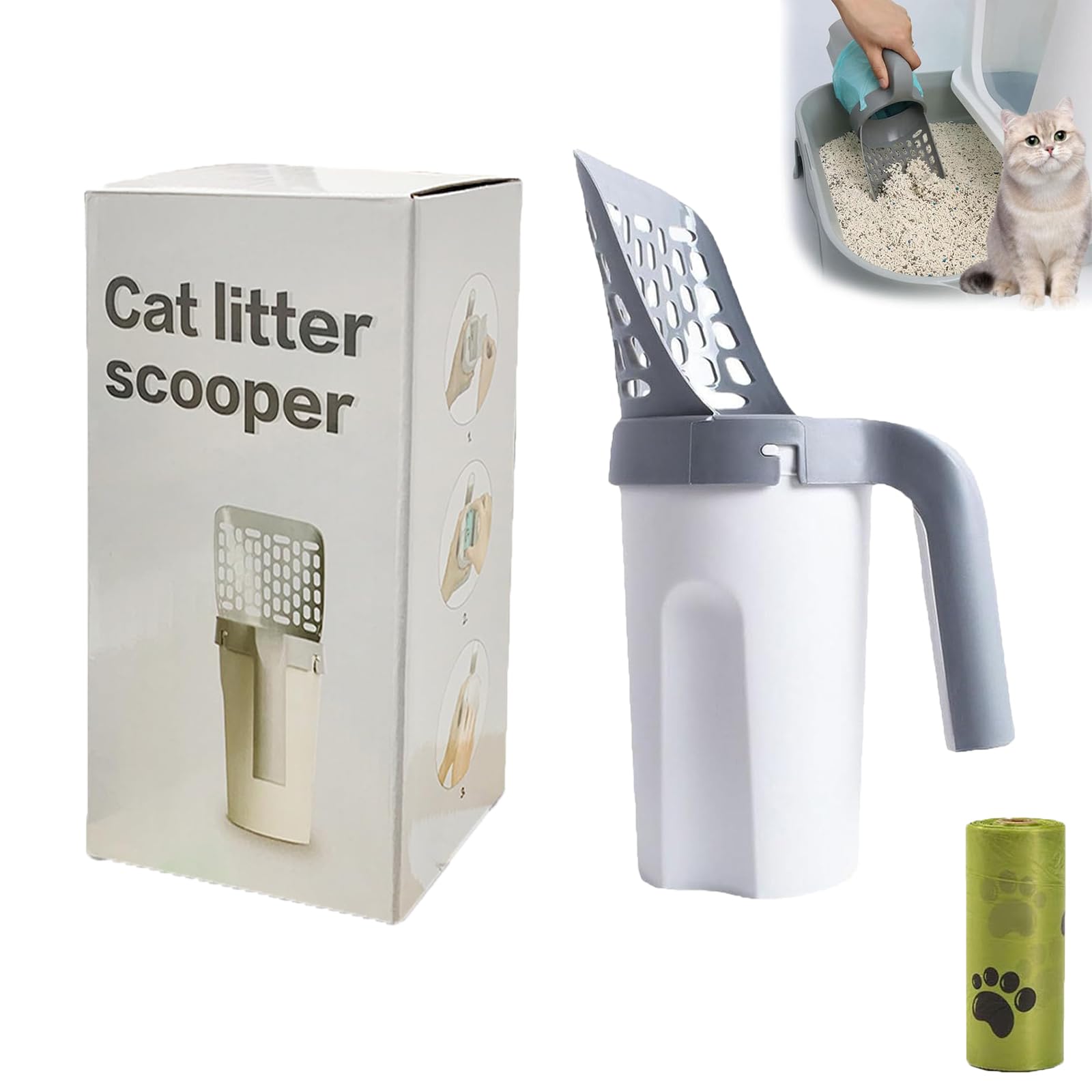 Meowbud Poop Scooper, Meowbud Cat Litter Scoop, No Touch Litter Box Scoop, Portable Cat Litter Scooper with Storage Box with Litter Waste Bags (1pcs)