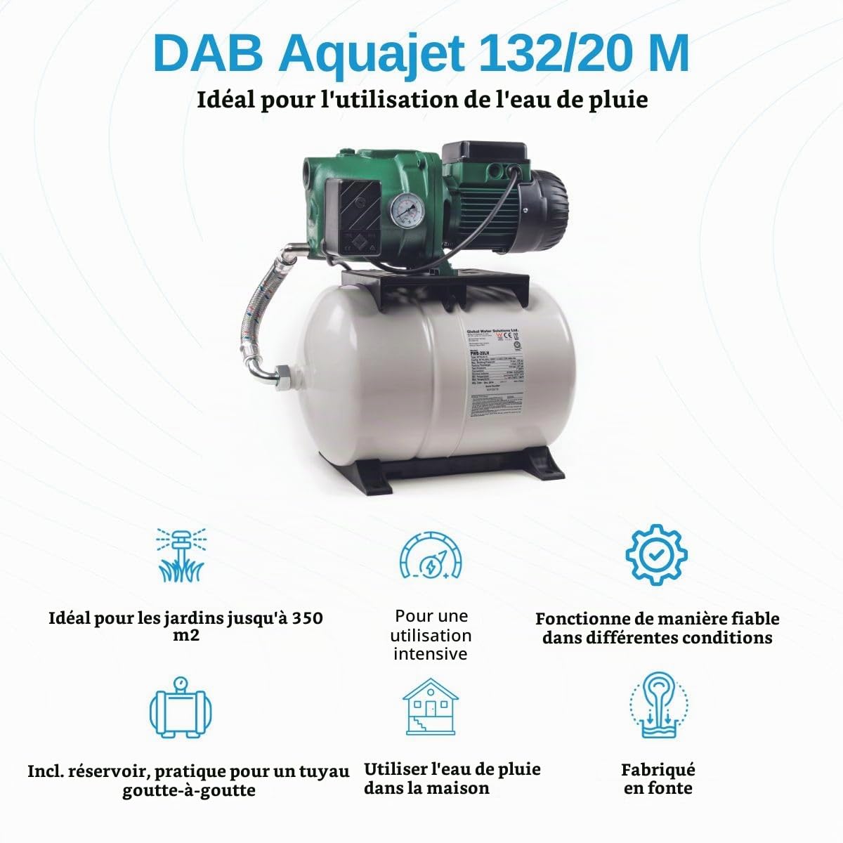 DAB Aquajet 132/20 M Pompe surpresseur - 3.600 L/u - 1130W - Hauteur de refoulement 54 m - Mise en marche/arrêt automatique - Pompe Arrosage