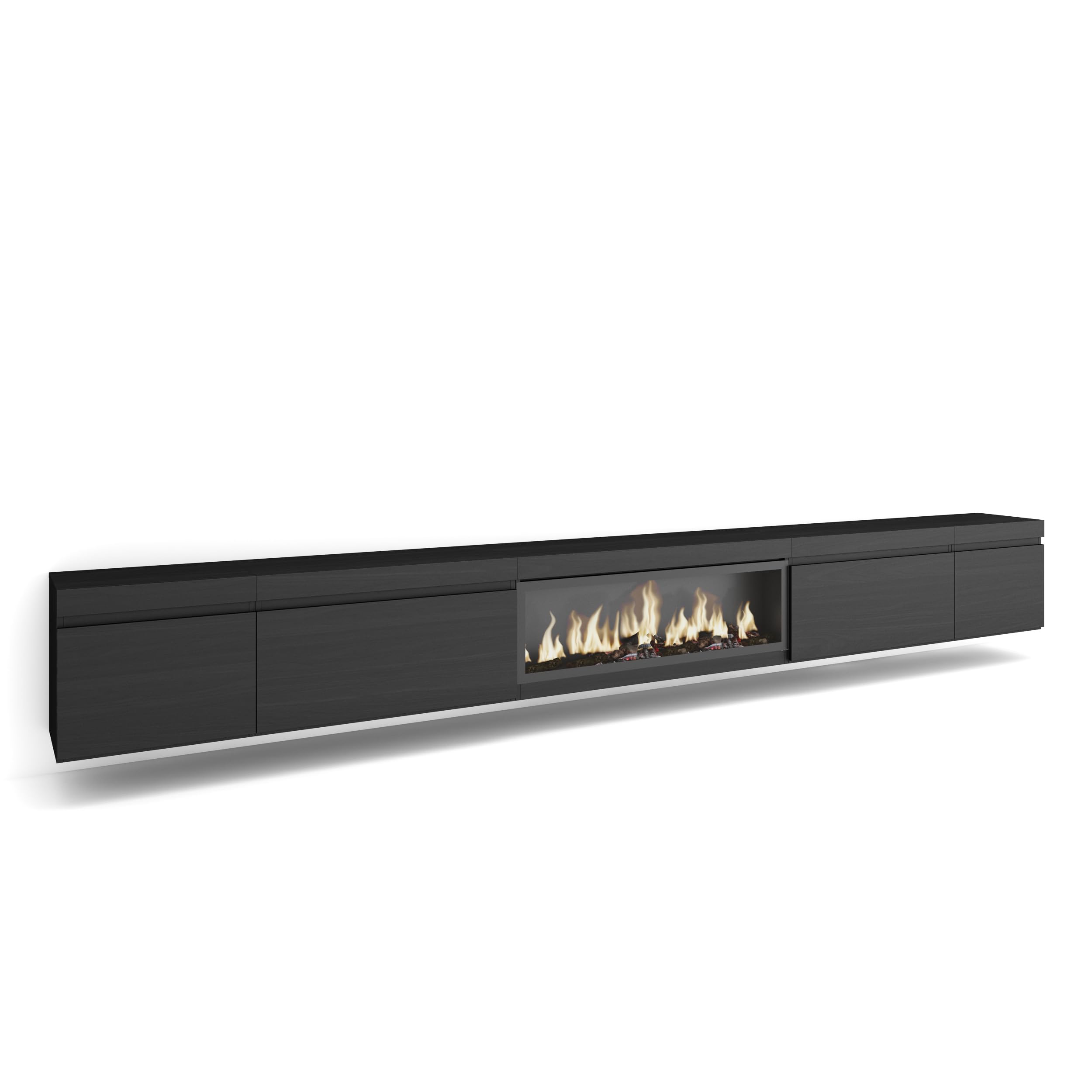 Skraut Home | Mobile TV Soggiorno | Ampio spazio a disposizione | 368x45x35 | Camino elettrico XXL | Sospeso, da appendere | Stile moderno | Nero