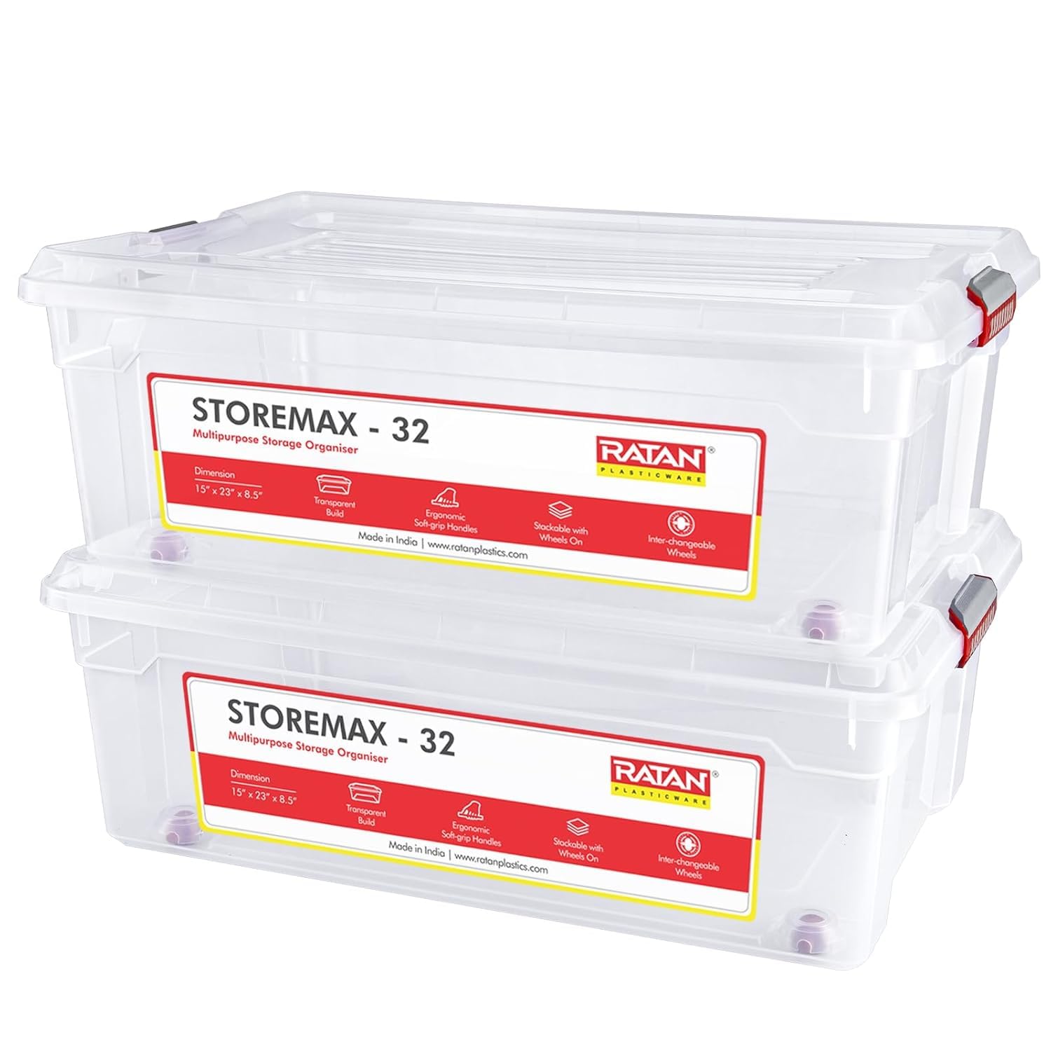 ratan plasticware storemax 32l plastic storage container box with wheels baskets options for easy organization i stackable, durable organizer for home, office, and garage i pack of 2 - transparent