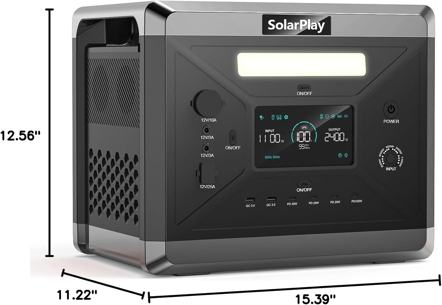 Image showing the dimensions of the SolarPlay Q2501 Portable Power Station: 11.22 inches in length, 12.56 inches in width, and 15.39 inches in height.