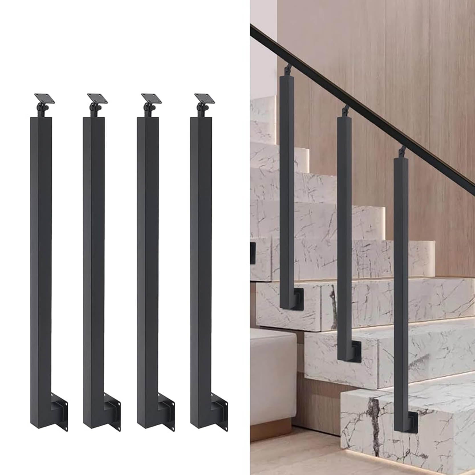 Poteau métallique latéral noir réglable pour stabiliser une rampe d'escalier instable