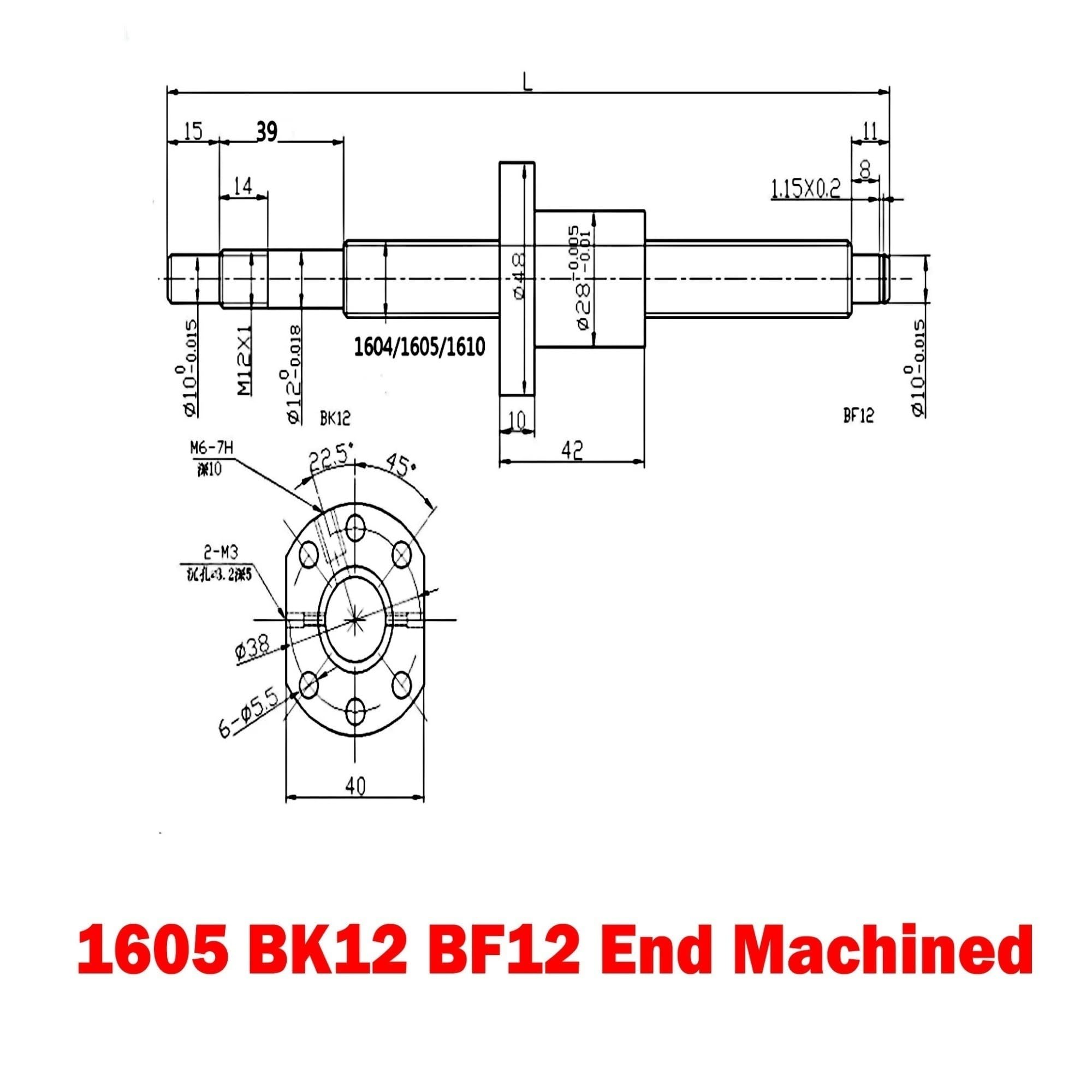 Zestaw śrub kulowych, C7 Walcowana śruba kulowa prawa 16 mm SFU1605 BK12 BF12 Nakrętka kołnierzowa obrobiona maszynowo 250-1000(250mm 9.84" long)