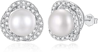 Real Pearl Earrings for Women 925 Sterling Silver Pearl Stud Earrings Freshwater Cultured Pearl Studs with Cubic Zirconia for Girls Mother