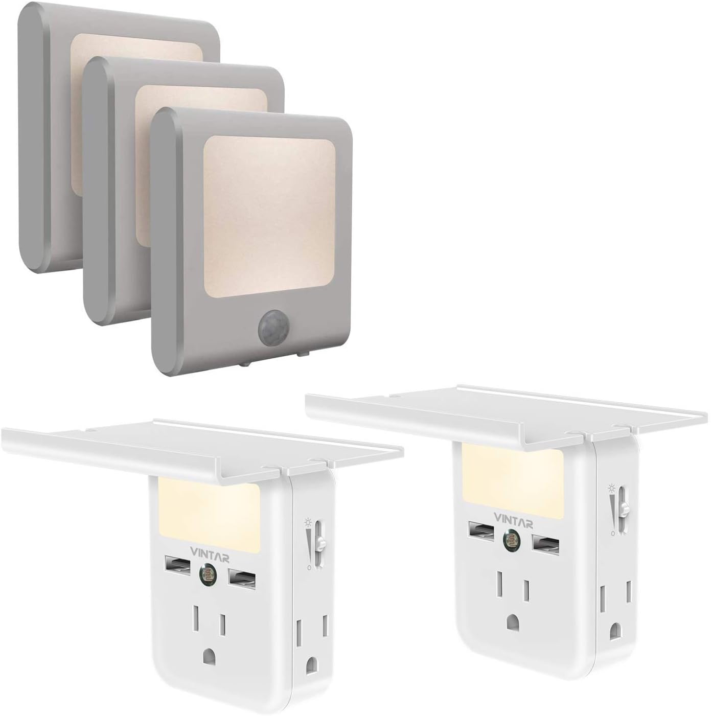 VINTAR [3Pack] Motion Sensor Dimmable LED Night Light, Plug-in Nightlight with Auto Dusk to Dawn Sensor[2-Pack] Socket Shelf-Wall Outlet Extender with Built-in Shelf