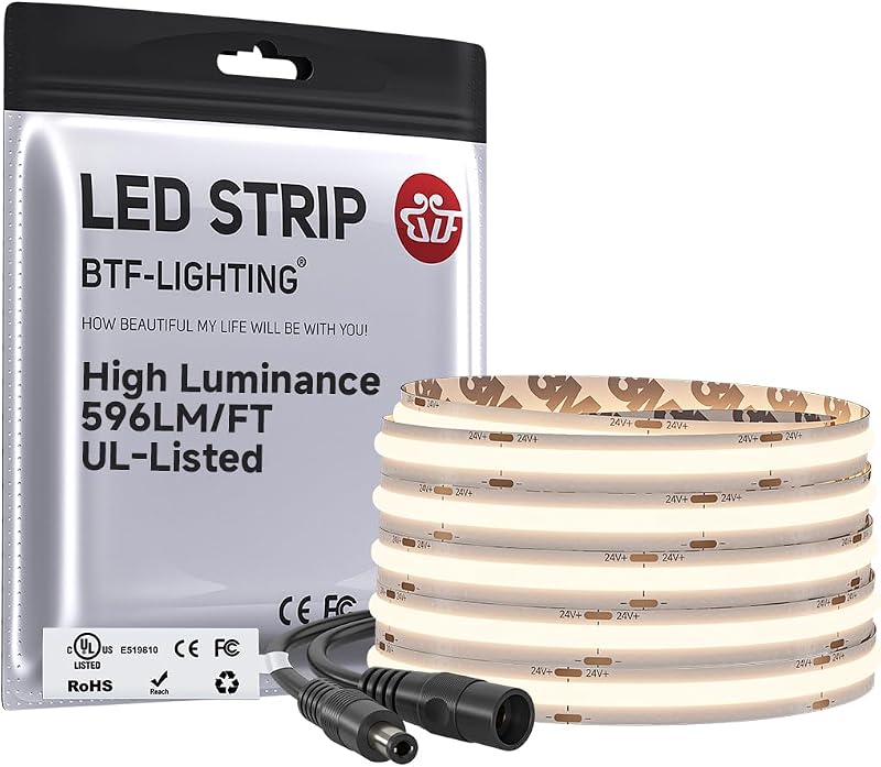 High Lumen 596LM/FT COB LED Strip Light Warm White 3000K | UL Listed High Density Super Bright Light, DC24V 16.4FT CRI90+ 10mm Width for Home DIY Lighting(No Controller or Adapter)