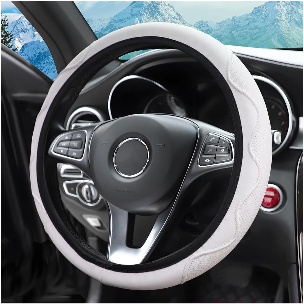 zipelo Elastic Stretch Steering Wheel Cover, Microfiber Breathable Ice Silk, Universal 15 Inch Anti-Slip Car Steering Wheel Protector, Warm in Winter and Cool in Summer for Women (Style2-White)