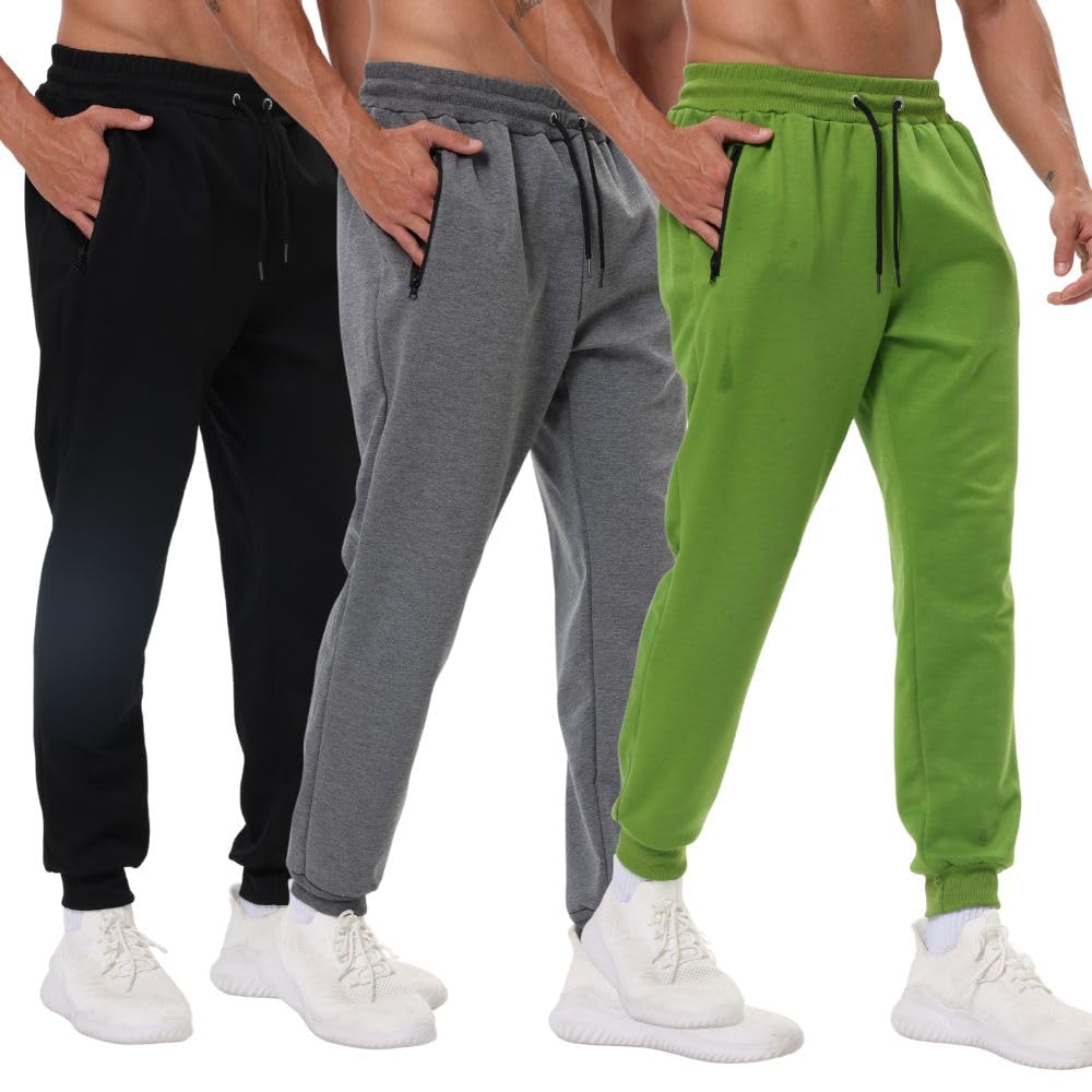 Bsrpolry Confezione da 3 pantaloni sportivi da uomo con tasche con cerniera, pantaloni da allenamento da palestra per corsa e jogging