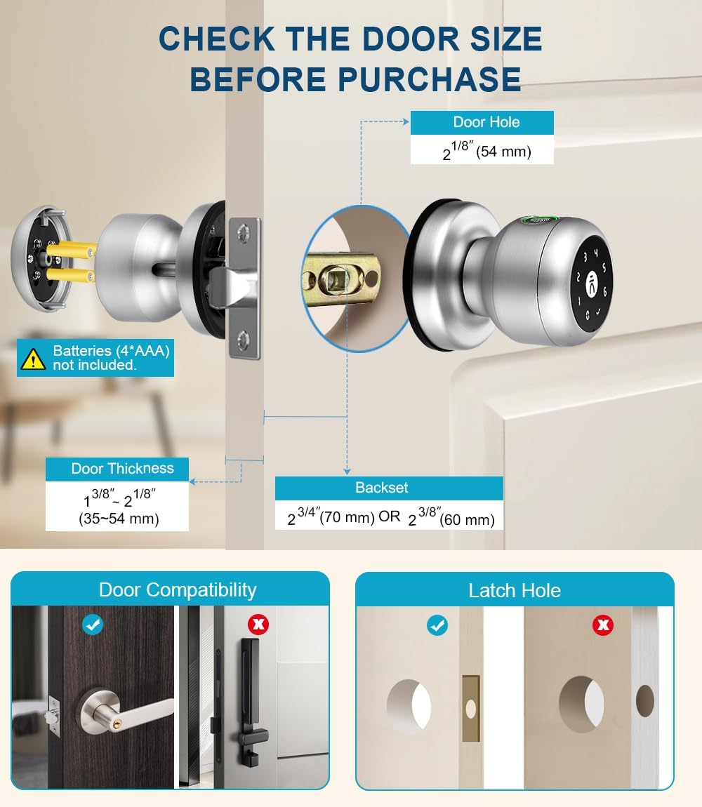 Fingerprint Door Lock, Smart Fingerprint Door Knob with Keypad, Biometric Door Locks with App Control, Auto Lock Door Lock with Code, Keyless Door Knob with Locks for Bedroom,Home,Office-Satin Nickel