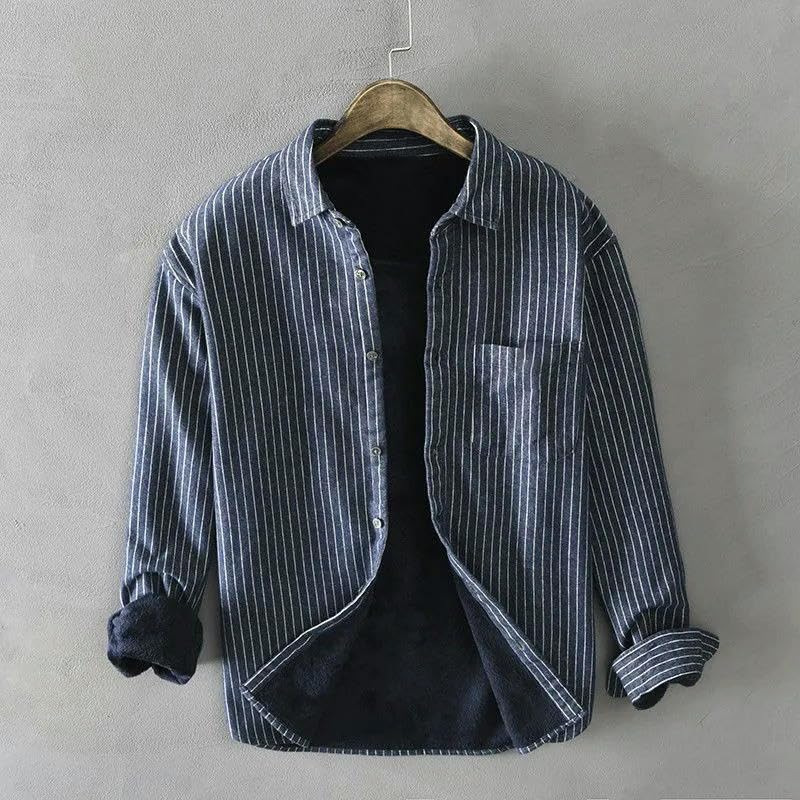 Camicia da uomo Harajuku in cotone a righe slim fit top sciolto casual scollo quadrato tasche con bottoni manica lunga blusa