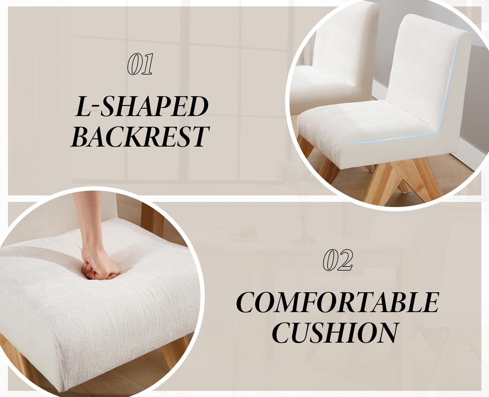 chairus Juego 2 Sillas de Comedor de Chenilla, Beige | Patas de Madera Maciza, Asiento Acolchado, Estilo Crema, Para Casa/Restaurante