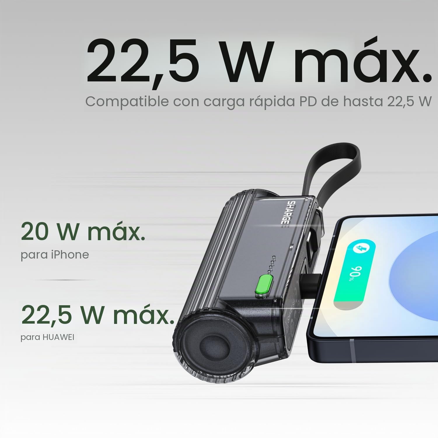 SHARGE Flow Mini 2 Power Bank 22.5w Max, Kleine Powerbank für Unterwegs, Schnelllade-Akkupack mit Lightning- und USB-C-Anschluss, Tragbares Ladegerät mit Integriertem Kabel für iPhone 16/15/14, Galaxy