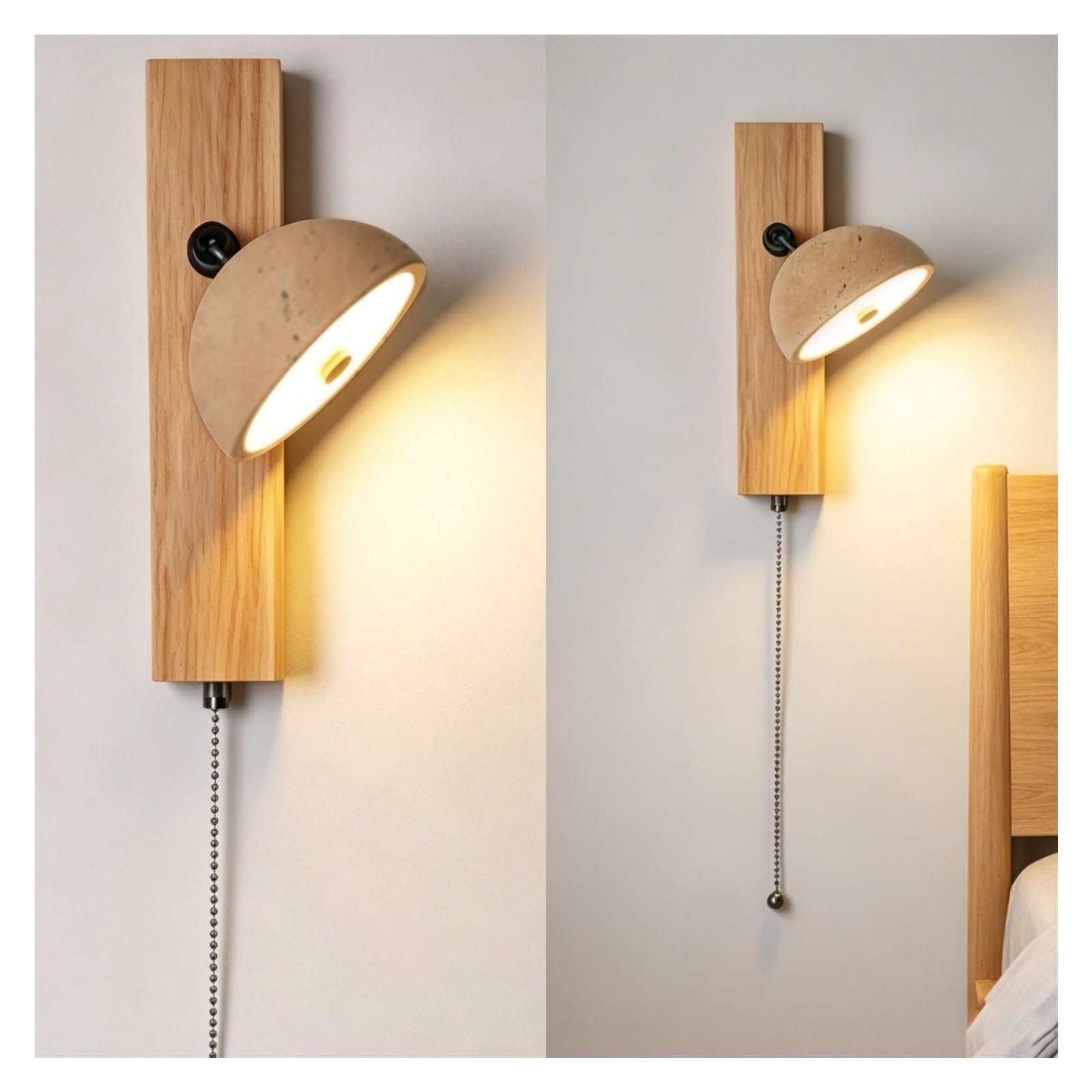 LUOYAOB Adjustable Travertine Wall Sconce with Walnut Solid Wood Base Pull Chain Switch Nordic Industrial LED Wall Mounted Reading Light Fixture for Bedside Study Living Room(Natural)