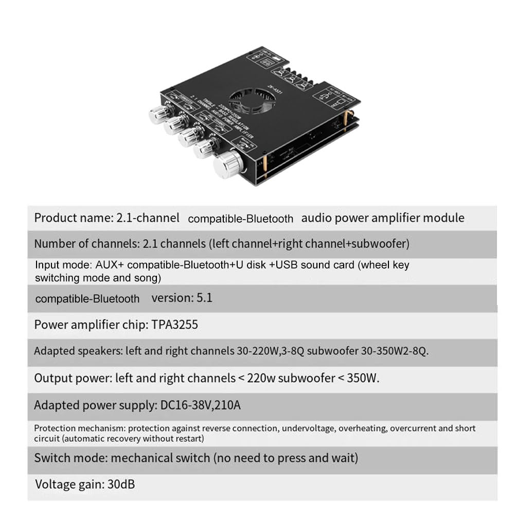 ZK-AS21 Module amplificateur audio Bluetooth 2.1 canaux avec puce TPA3255, entrées AUX USB, gain 30 dB, alimentation DC 16-38 V, noir