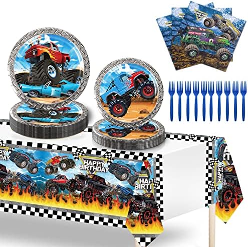 Monster Truck Birthday Party Supplies,51 PCS Monster Truck Party Decorations Include Dinner Plates Napkins Tablecloth Forks