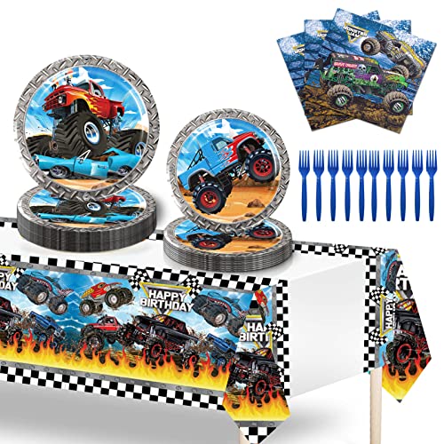 Monster Truck Birthday Party Supplies,51 Pcs Monster Truck Party Decorations Include Dinner Plates Napkins Tablecloth Forks #TOP1
