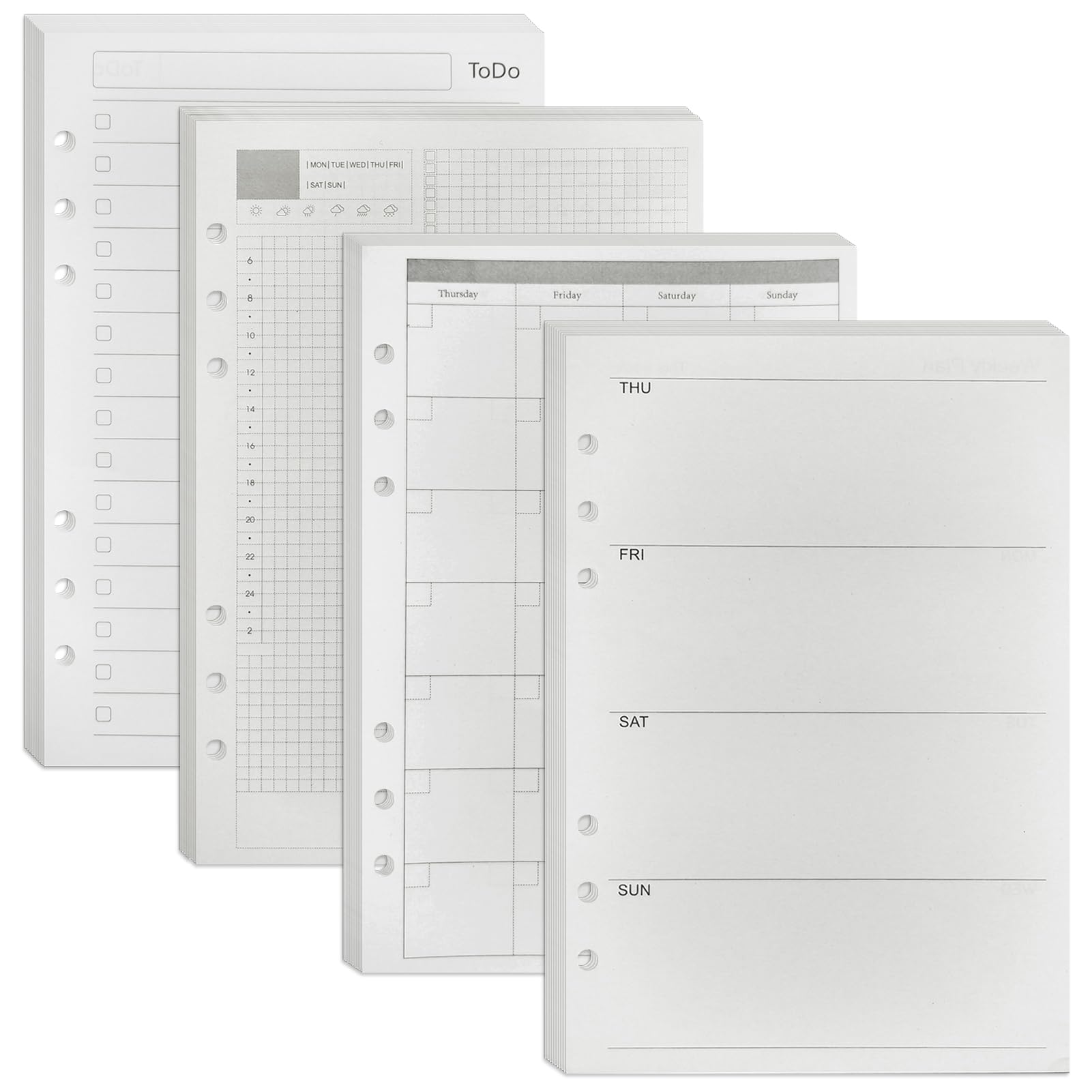 DY.2ten A5 Refill Paper 4 Pack Undated Daily, Weekly, Monthly Plan and To Do List, 6-Hole Punched Planner Inserts, 180 Sheets/360 Pages 100gsm, Notebook Binder Inserts, 8.27" × 5.55"