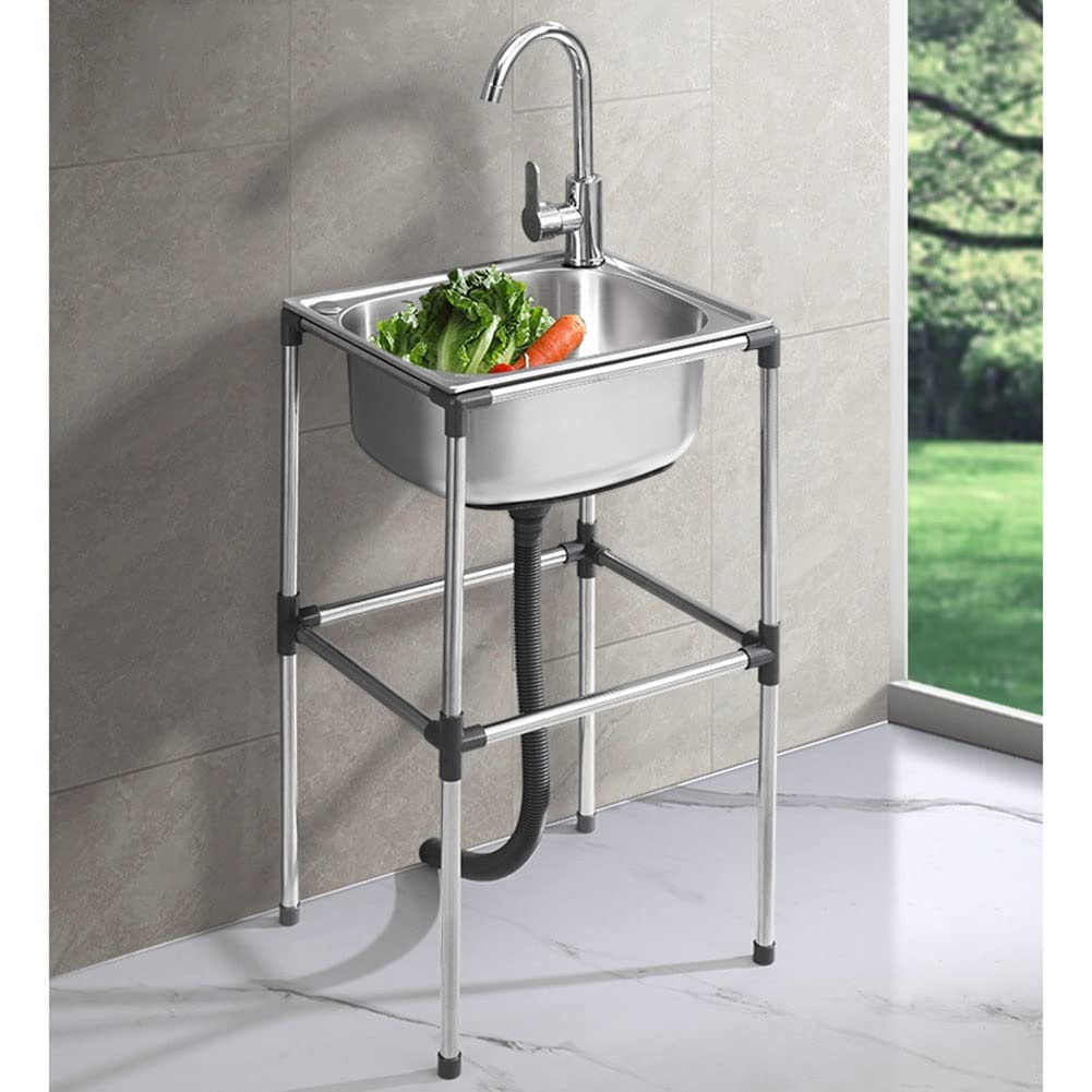 Lavello in acciaio inox con supporto, lavello da cucina autoportante con lavabo, lavello per casa, lavanderia, garage, bar, ristorante e altro, argento-a-a-48 x 35 x 15 cm