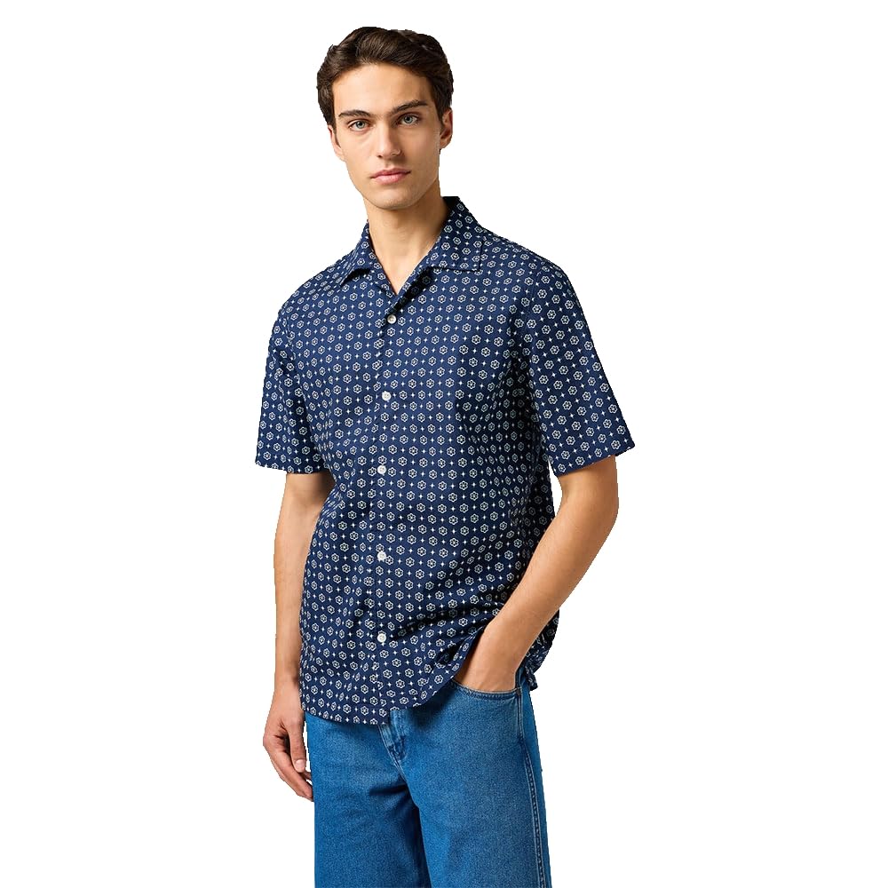 Wrangler Men's SS Resort Shirt, Blue Geo, L