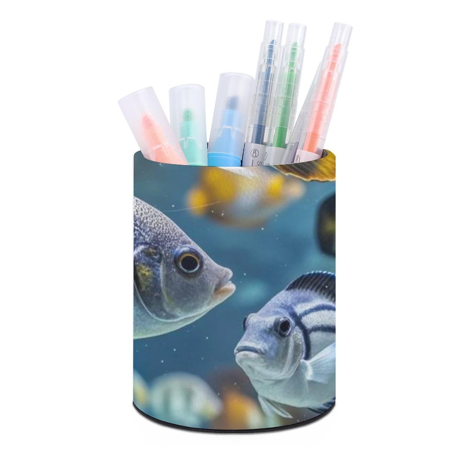 FekiLoot PU Leather Round Pen Holder Fish Pencil Holder Desk Organizer Pen Organizer Pen Cup Pencil Cup Caddy Desktop Stationery Organizers for Office Home Supplies