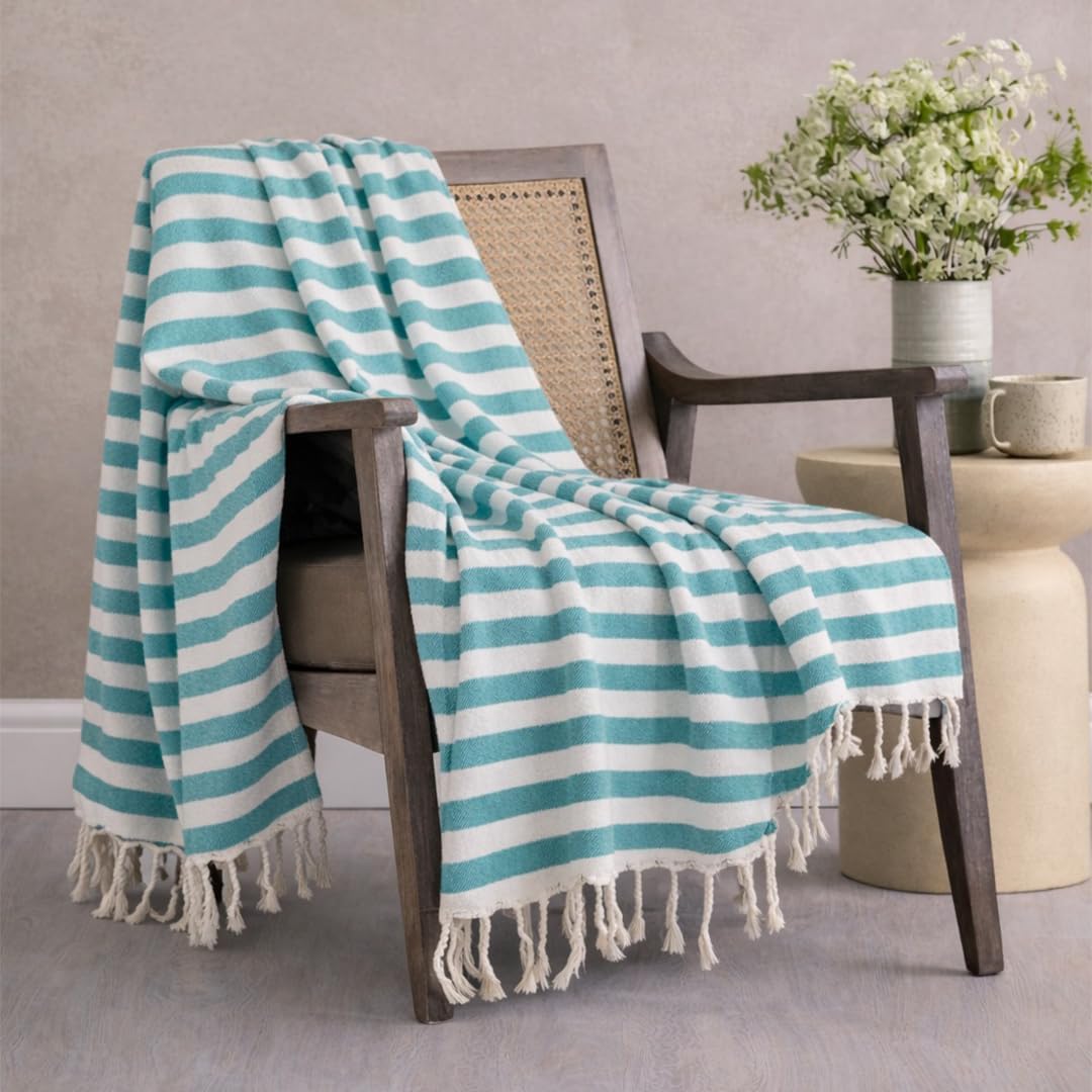 - Oak & Lily Sustainably Crafted Cotton Sofa Throw Blanket in Blue Stripe Print |125x150 cm| Soft Breathable Couch Throw | Sofa Cover for 2,3 & 5 Seater | Washable | Throw for Living Room, Bed & Travel