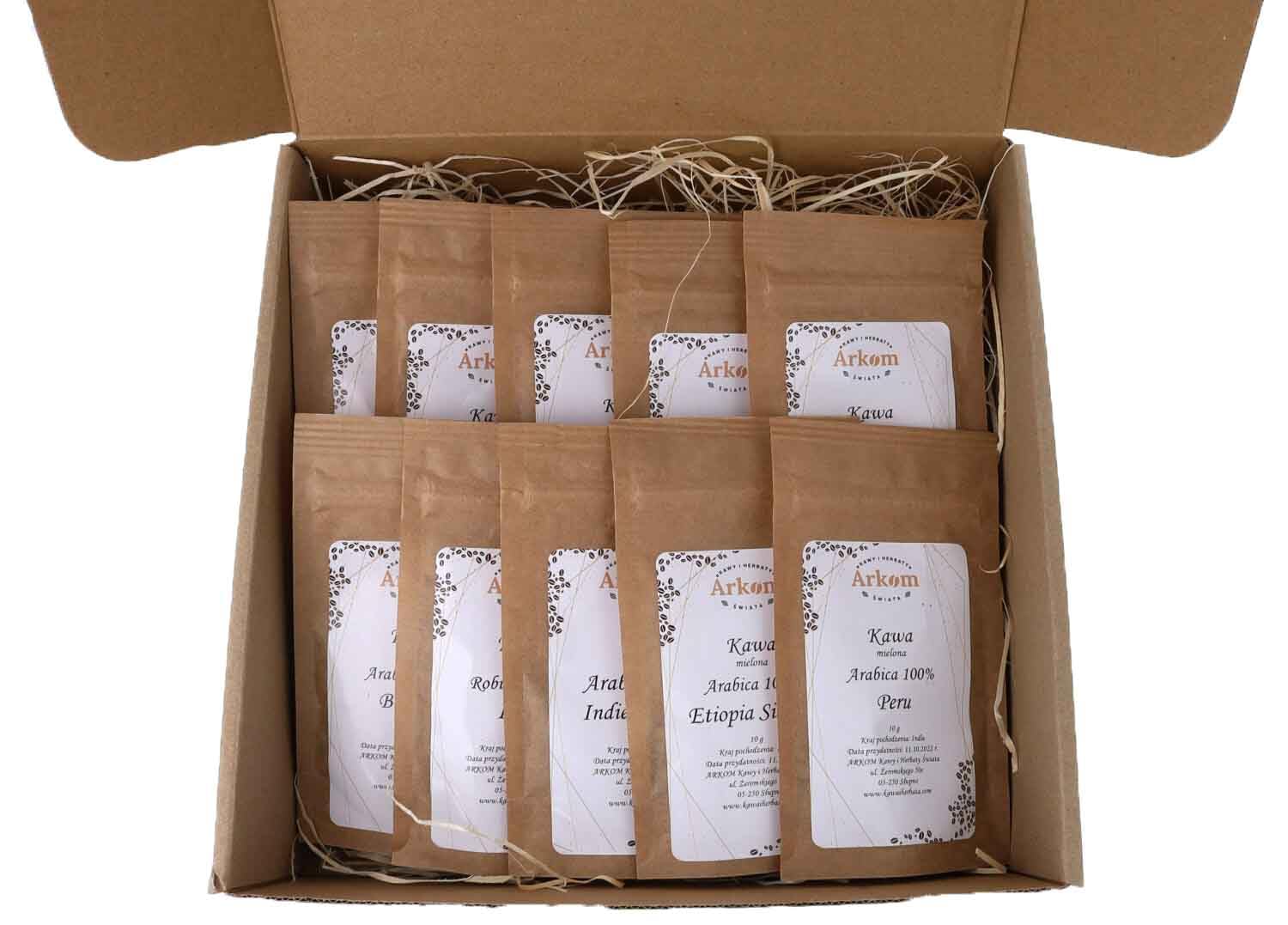 ARKOM Zestaw startowy - Kawa naturalna mielona 10x10g - Upominek zestaw prezentowy dla miłośnika kawy -