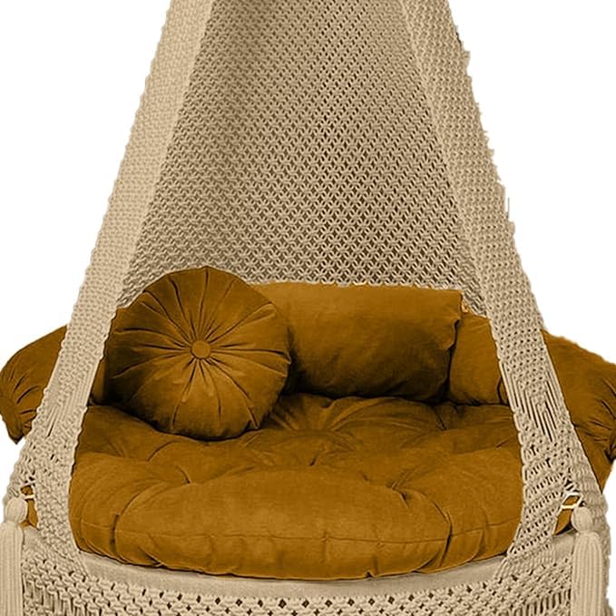 Image of Macrame Hanging Chair Swing with Cushion | Handmade Boho Hammock Chair for Adults & Kids | Indoor Outdoor for Balcony, Living Room, Bedroom, Patio & Garden (Beige)