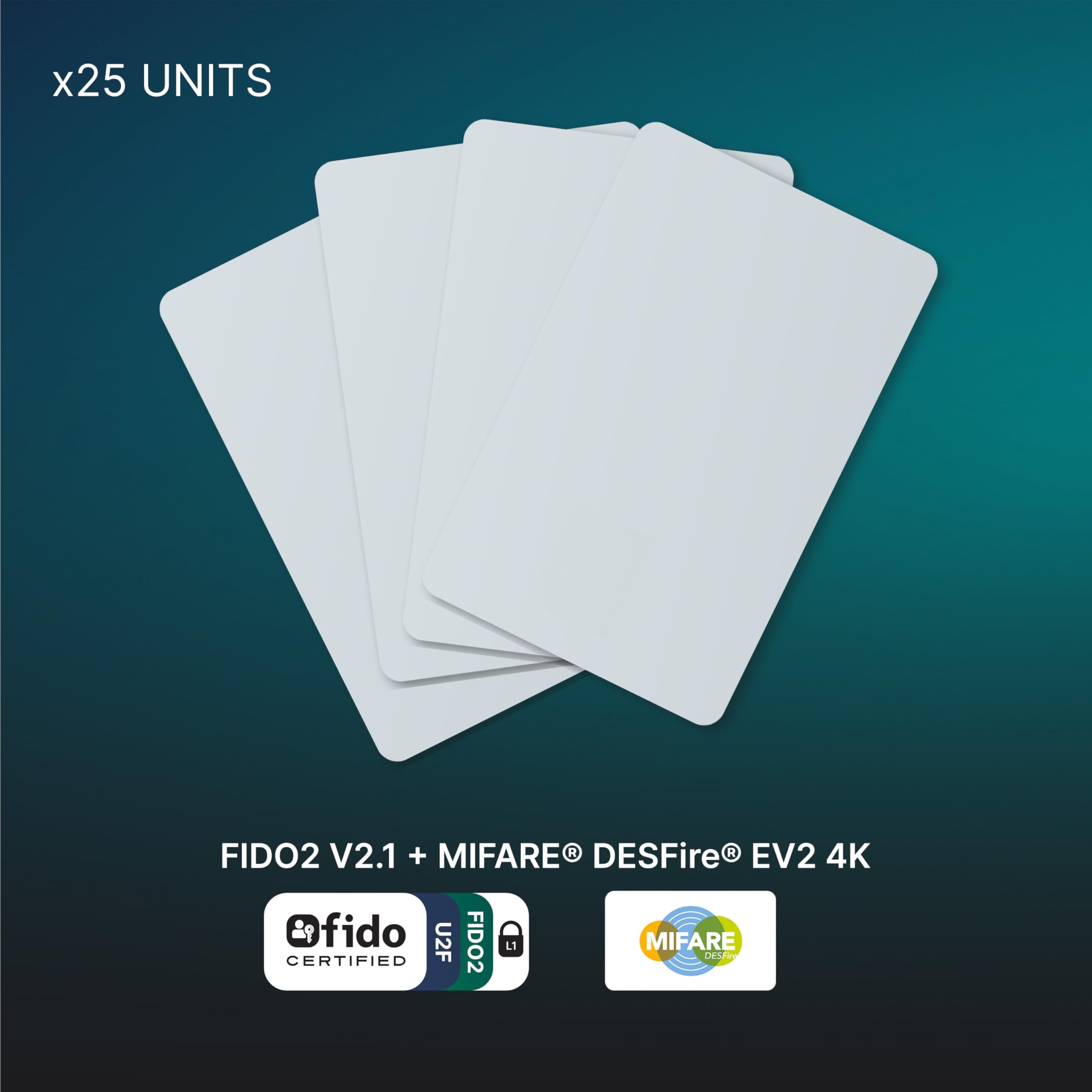 FIDO2 Pack de 25 Tarjetas Inteligentes NFC 2FA empresarial | 25 tarjetas FIDO2 NFC de PVC blanco sin imprimir en un SKU para despliegues de TI empresarial y MFA a gran escala