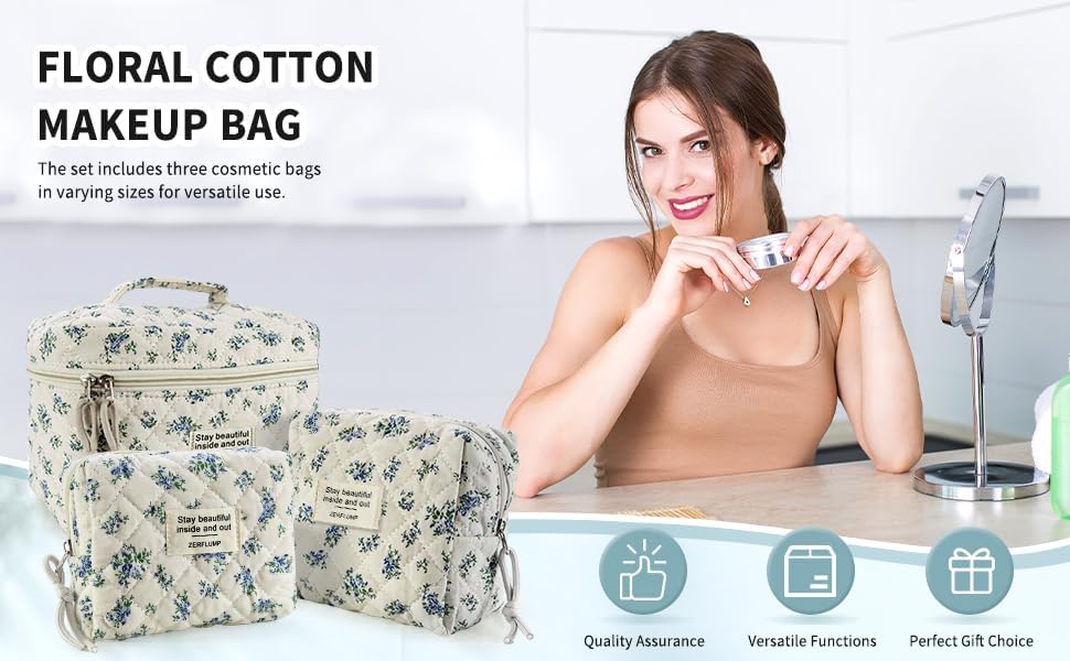 Cute Quilted Floral Makeup Bag(3Pcs)，Coquette Aesthetic Cosmetic Bag，Travel Toiletry Bags， Kawaii Aesthetic pouch for Women (4 - Little Blue Flower) - Image 8