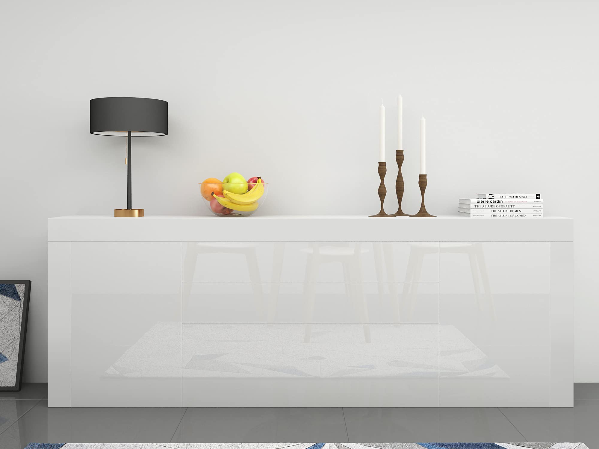 Panana 200cm Modern 2 Doors 2 Drawers High Gloss Matt Body Sideboard Cabinet Cupboard Unit for Living Dining Room Bedroom Furniture (White)