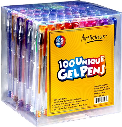 Artlicious - ULTIMATE 100 Unique Gel Pens Set - Non Toxic & Acid Free - Ideal for Coloring Books