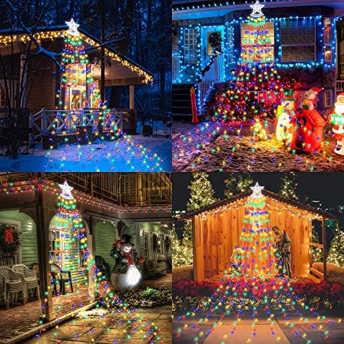 SALCAR Outdoor Christmas Lights, 3.5m x 9 Strands Waterfall Star Lights with a 30cm Topper Star, 350 LED 8 Lighting Modes Christmas Decorations for Indoor Outdoor Garden Yard Tree Decor - Multicolor