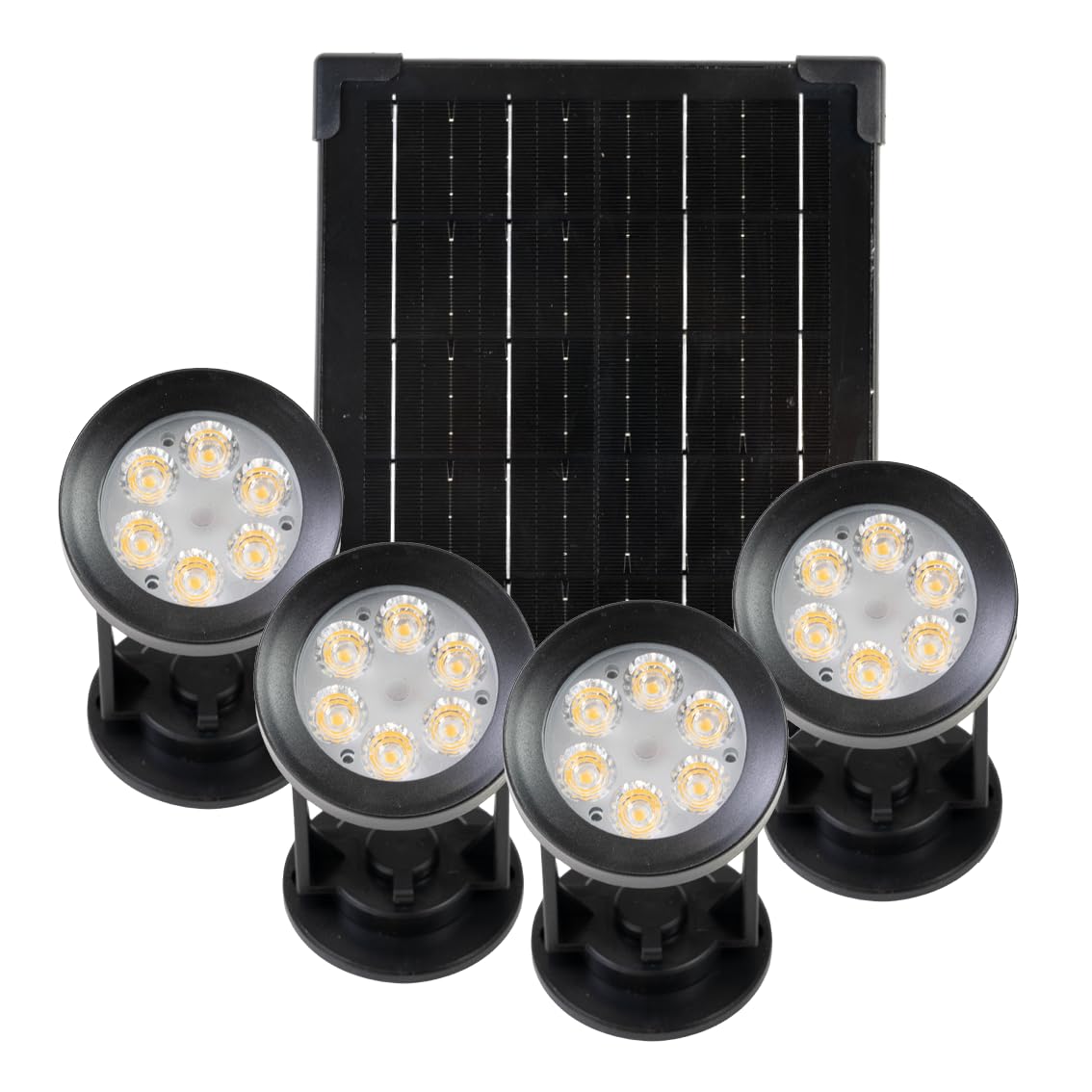 4er Pack Solarstrahler Garten Schwarz, 5W, 3000K Warmweiß | 200lm, IP54, mit Solarpanel, Erdspieß, 3m Kabel und Akku, Gartenstrahler und Solarlampe für außen