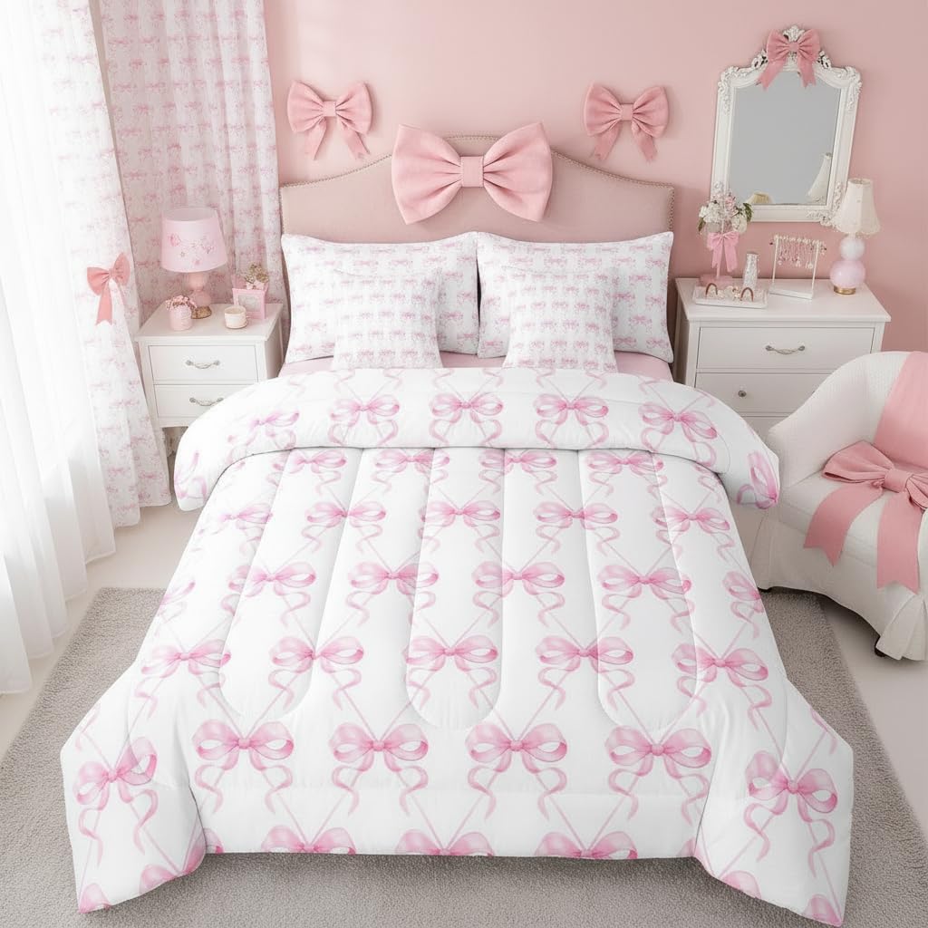 Erosebridal Pink Bowknot Comforter Set Ribbon Bow Bed in A Bag Twin Size 7 Pieces Bow Tie Bed Set Room Decor Cute Girly Bedding with Sheets