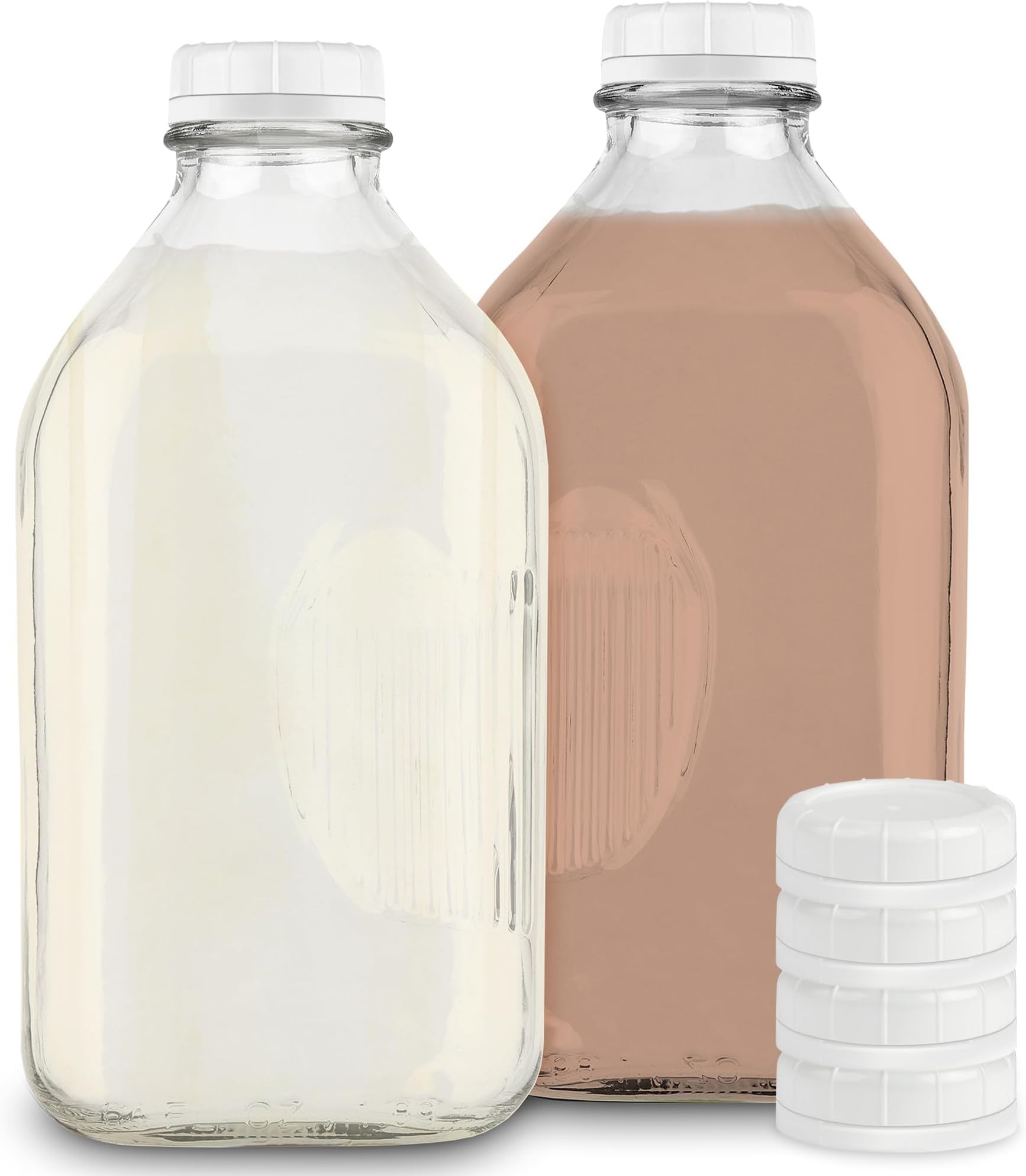 64-Oz Glass Milk Jugs with Caps (2 Pack) - 64 Ounce Food Grade Glass Bottles - Dishwasher Safe - Bottles for Milk, Buttermilk, Honey, Tomato Sauce, Jam, Barbecue Sauce