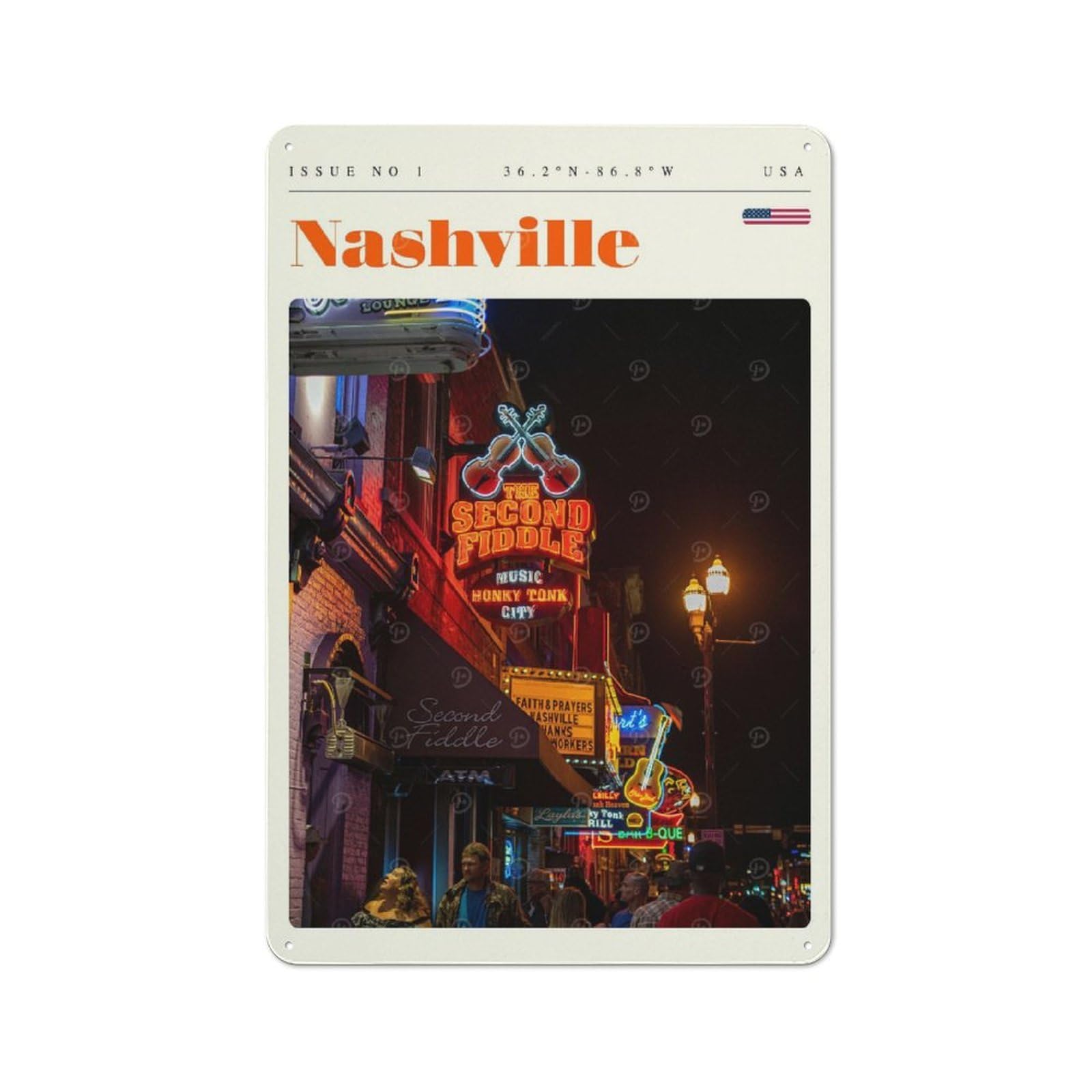 Junmoney Style-5 Tin Wall Sign With Nashville Tennessee Travel Art Design 30X20cm, Cosy Cafe Wall Decor For Kitchen, Cafe, Pantry Or Dining Room