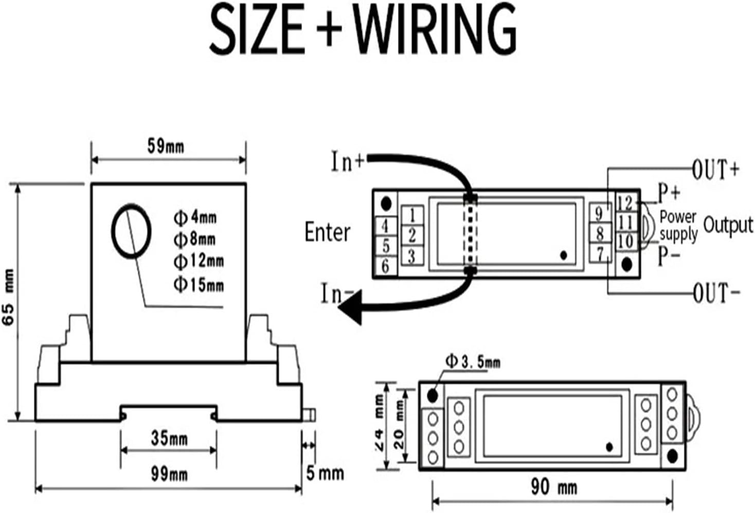 JXK-14 AC DC Current Transducer 0-150A 0-20A 0-50A 0-100A Current Transmitter 4-20mA 0-10V 0-5V RS485 DC24V Current Sensor(Input AC 0-120A,4-20MA_8MM)