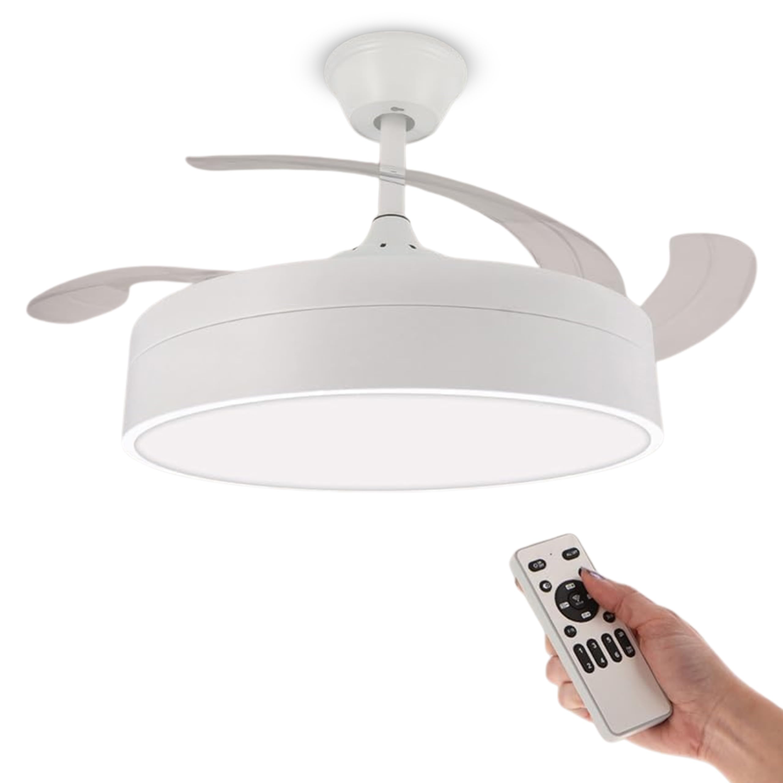 Ventilador de Techo con Luz LED 72W Blanco – Motor DC Silencioso, 6 Velocidades, Aspas Retráctiles, Mando a Distancia, Temporizador, Función Verano-Invierno, Bajo Consumo