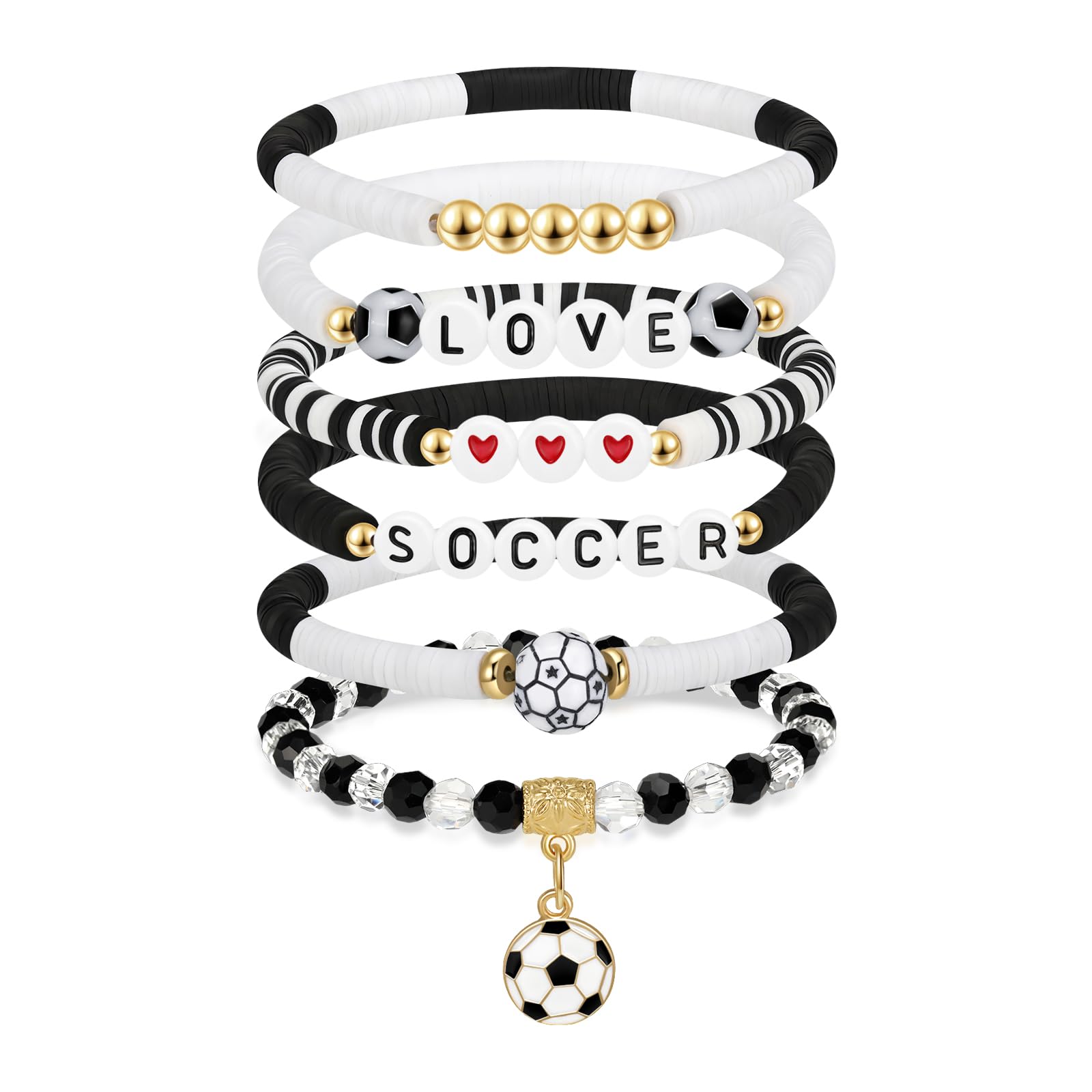 NextArt Soccer Bracelets for Girls, 6PCS Stackable Soccer Beaded Bracelet Set, Soccer Jewelry Gifts for Players, Daughters, Teammates, Team Game Day Accessories.